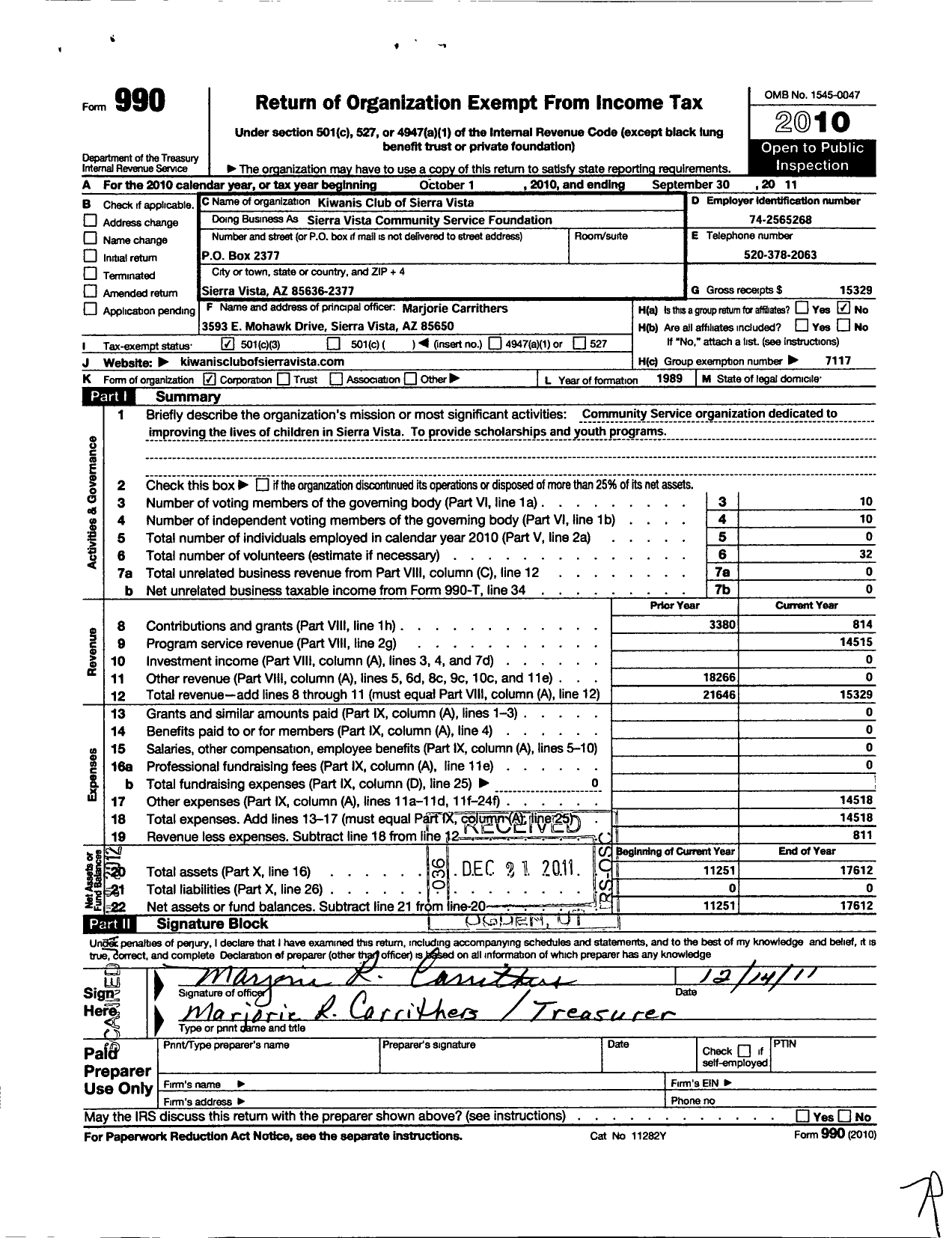 Image of first page of 2010 Form 990 for Southwest District Kiwanis Foundation / Sierra Vista Community Service Foundation