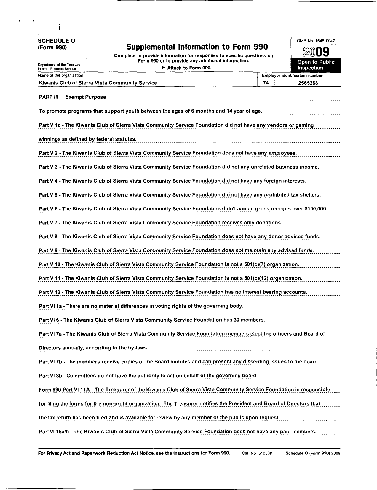 Image of first page of 2009 Form 990R for Southwest District Kiwanis Foundation / Sierra Vista Community Service Foundation