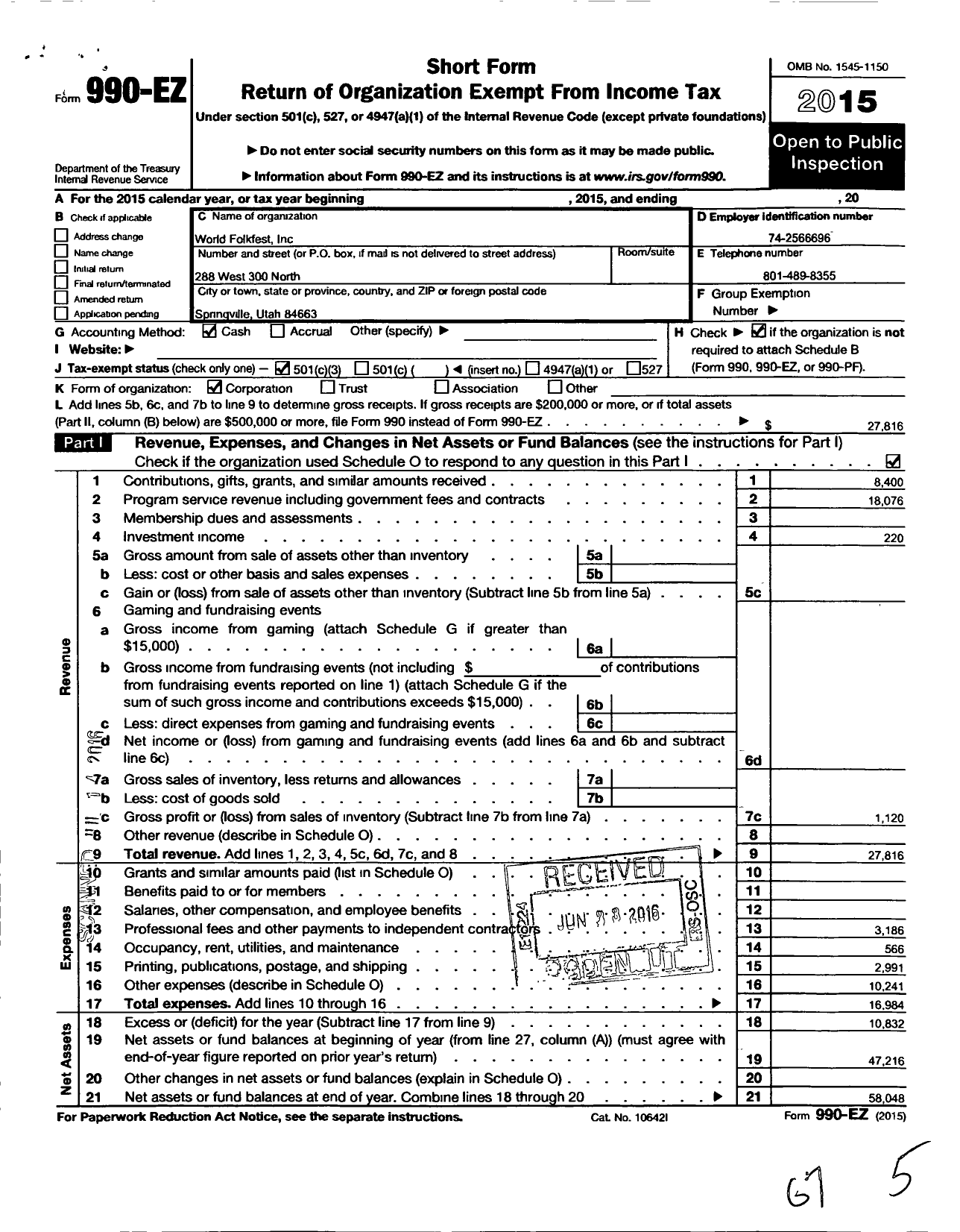 Image of first page of 2015 Form 990EZ for World Folkfest