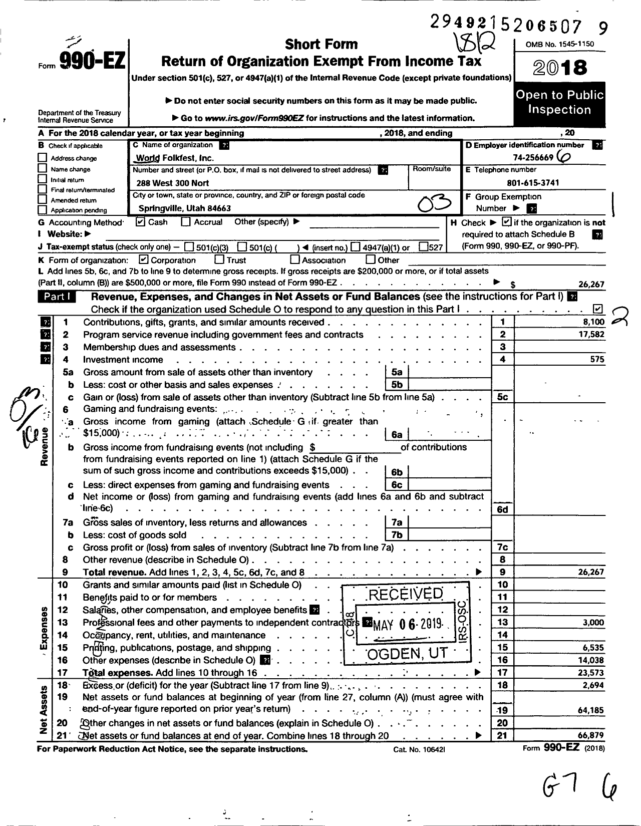 Image of first page of 2018 Form 990EZ for World Folkfest