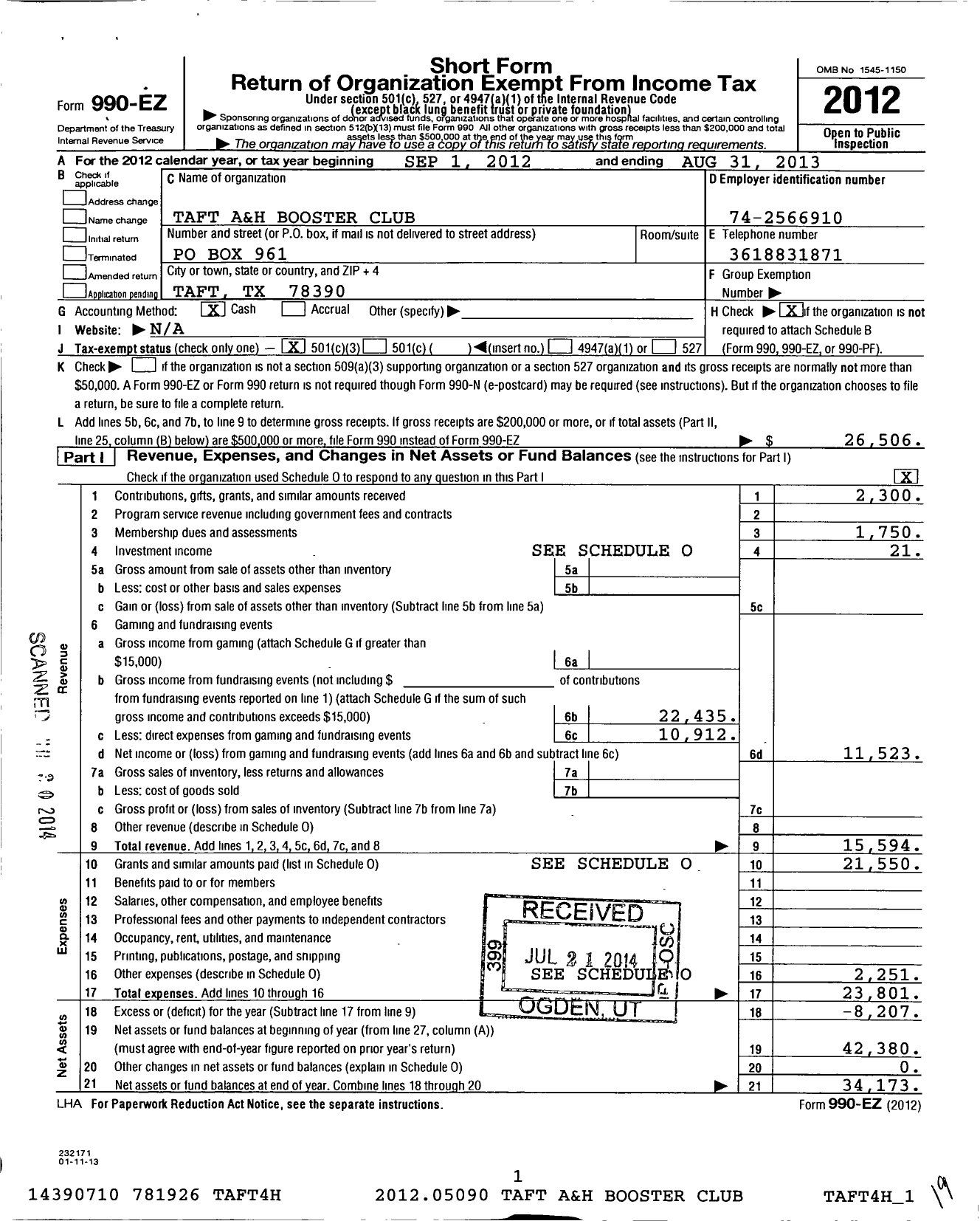 Image of first page of 2012 Form 990EZ for Taft A&h Booster Club