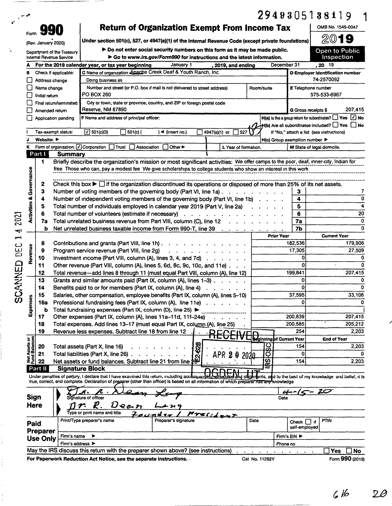 Image of first page of 2019 Form 990 for Apache Creek Deaf and Youth Ranch