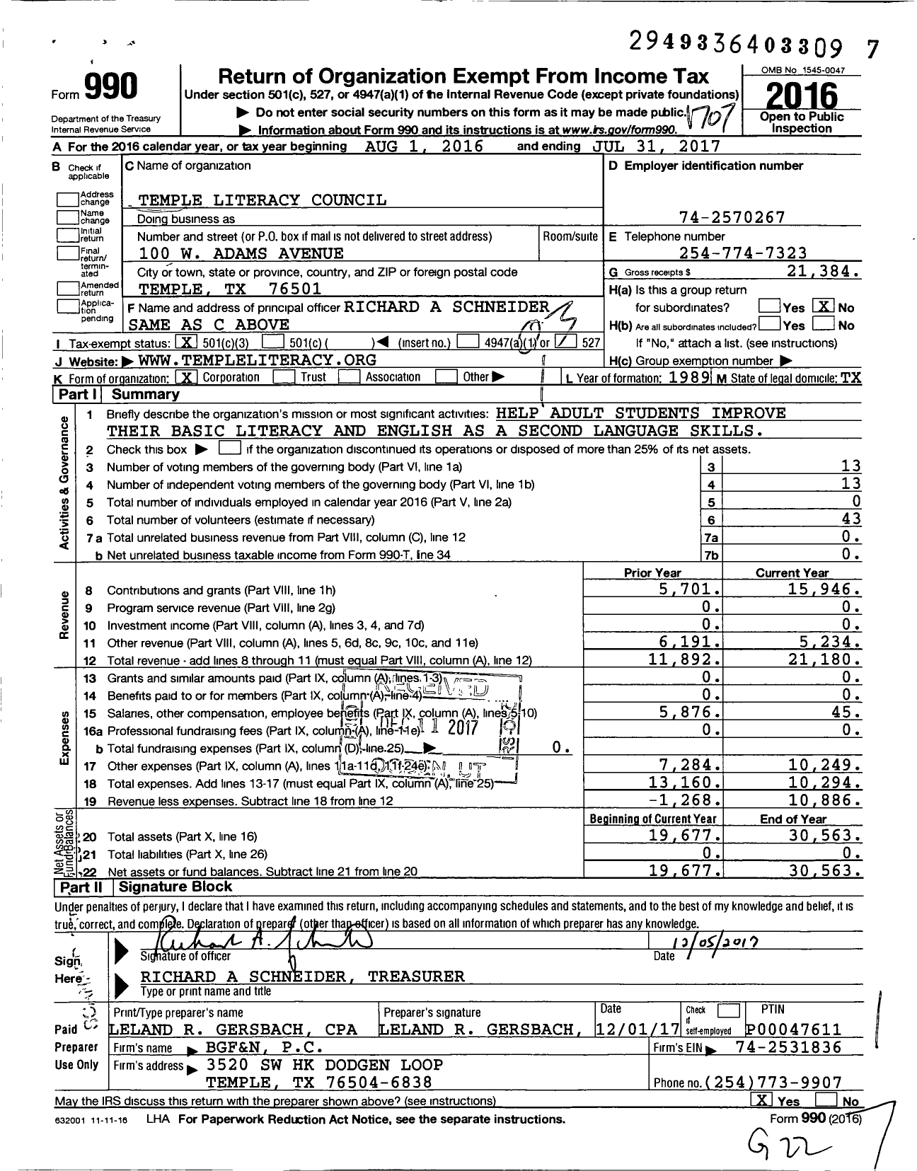 Image of first page of 2016 Form 990 for Temple Literacy Council