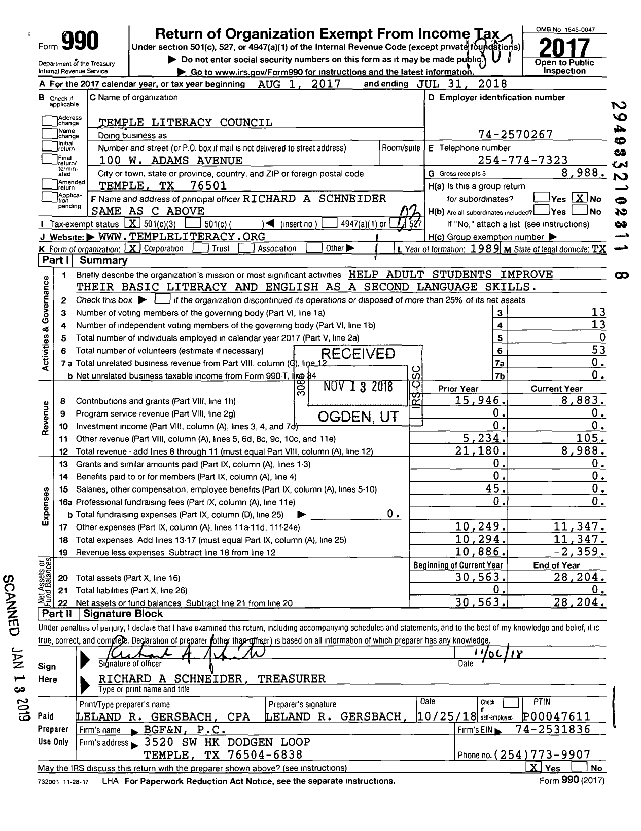 Image of first page of 2017 Form 990 for Temple Literacy Council