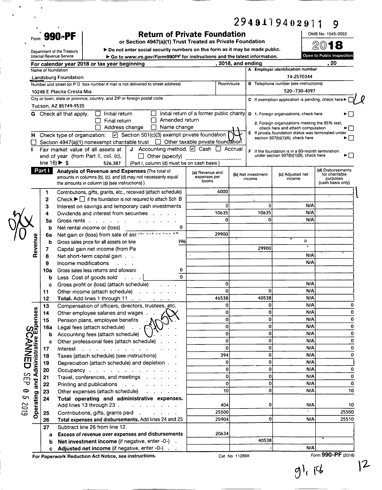 Image of first page of 2018 Form 990PF for Landsburg Foundation