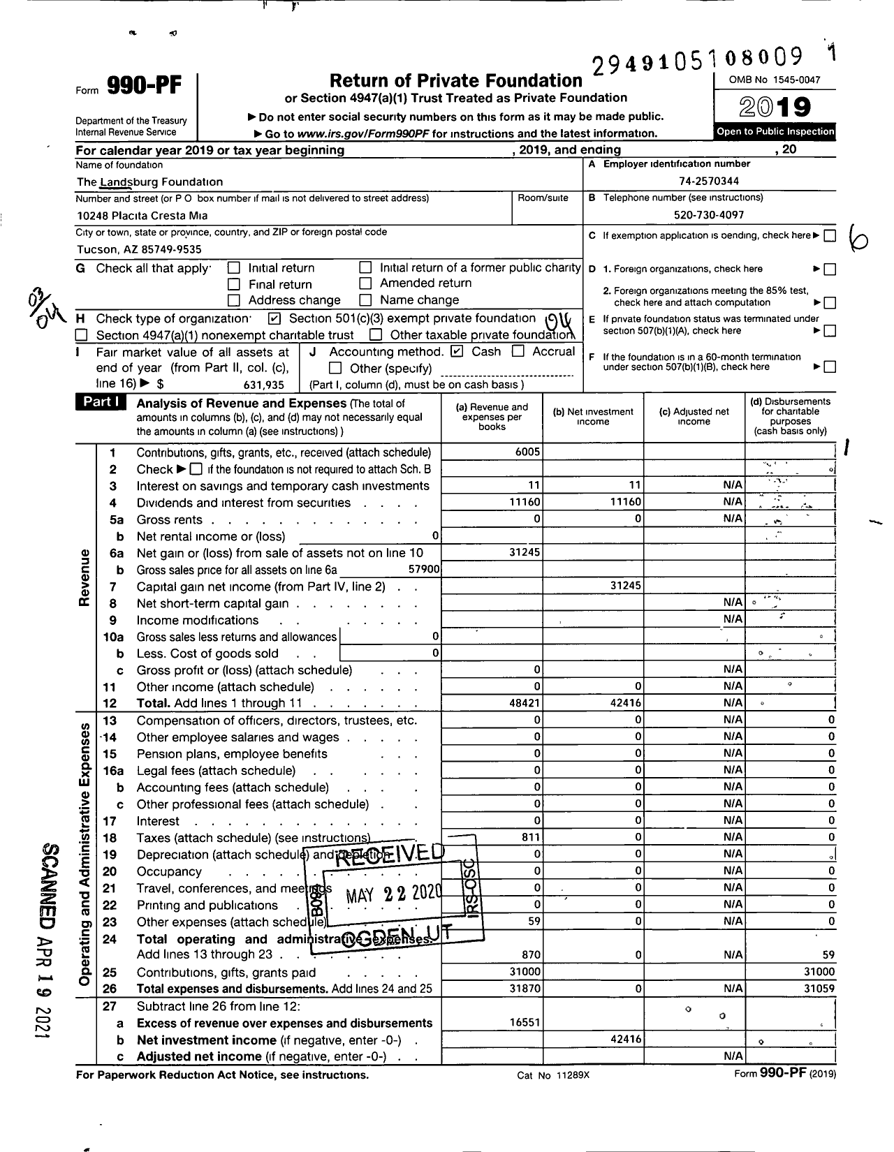 Image of first page of 2019 Form 990PF for Landsburg Foundation