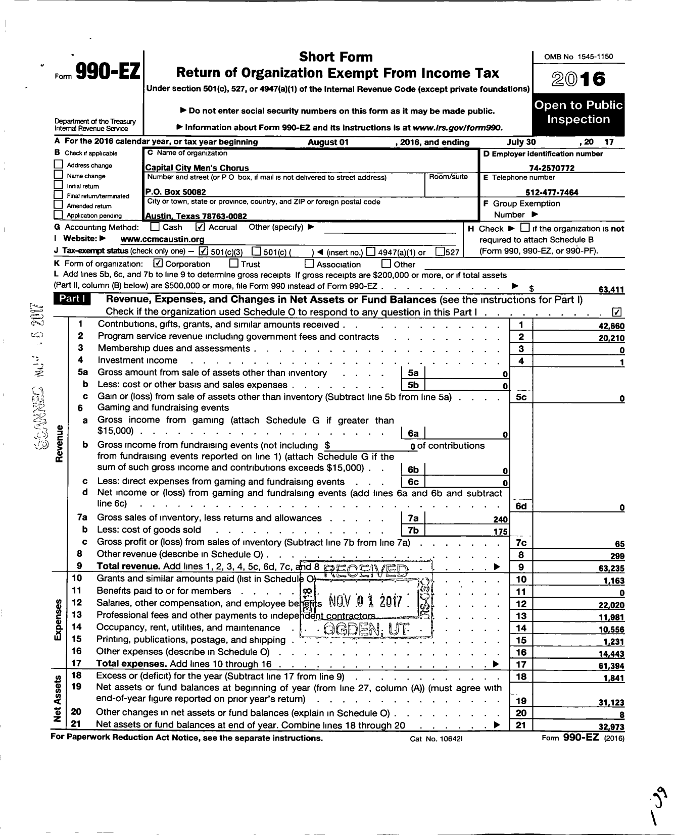 Image of first page of 2016 Form 990EZ for Capital City Mens Chorus Austin Gay Mens Chorus