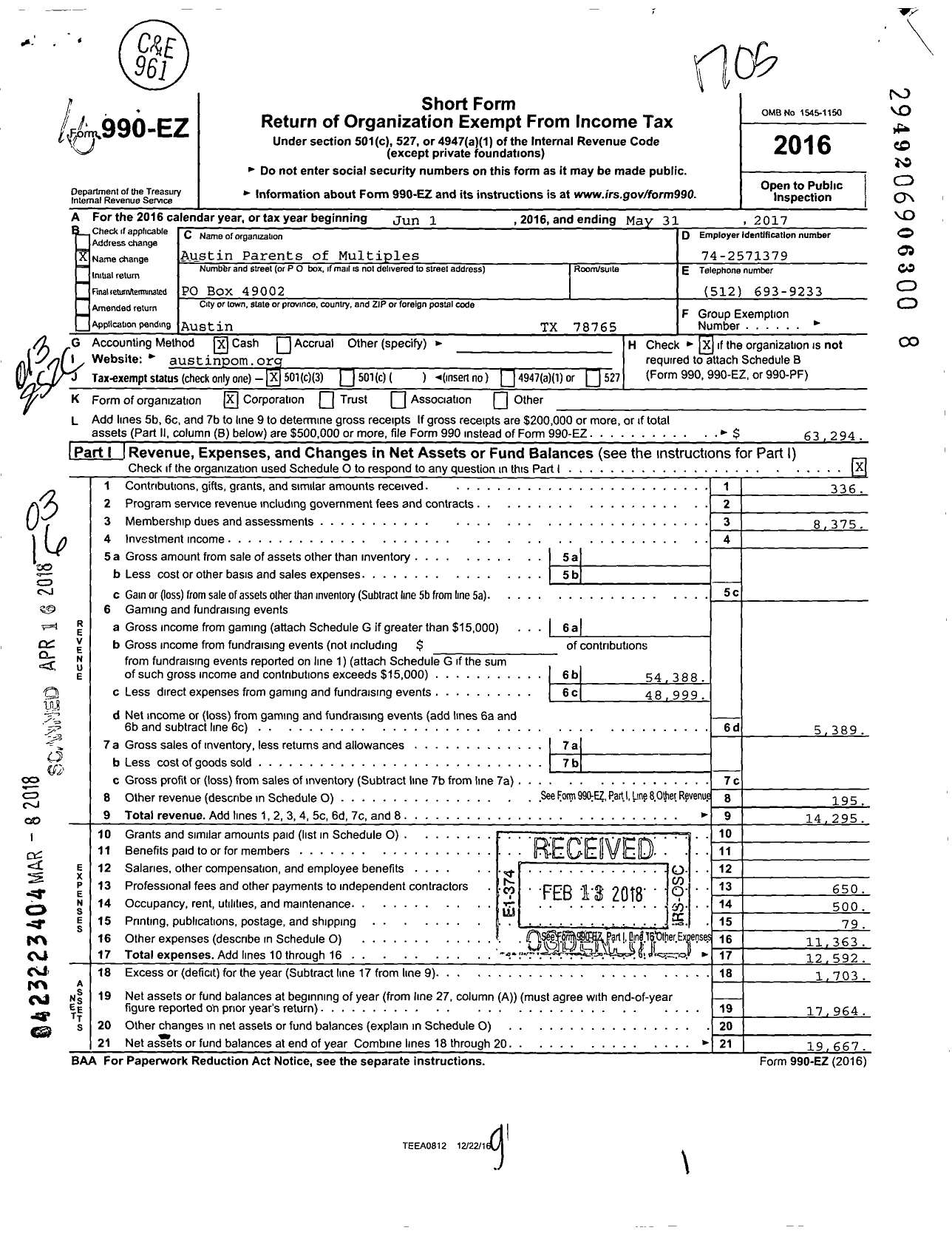 Image of first page of 2016 Form 990EZ for Austin Parents of Multiples