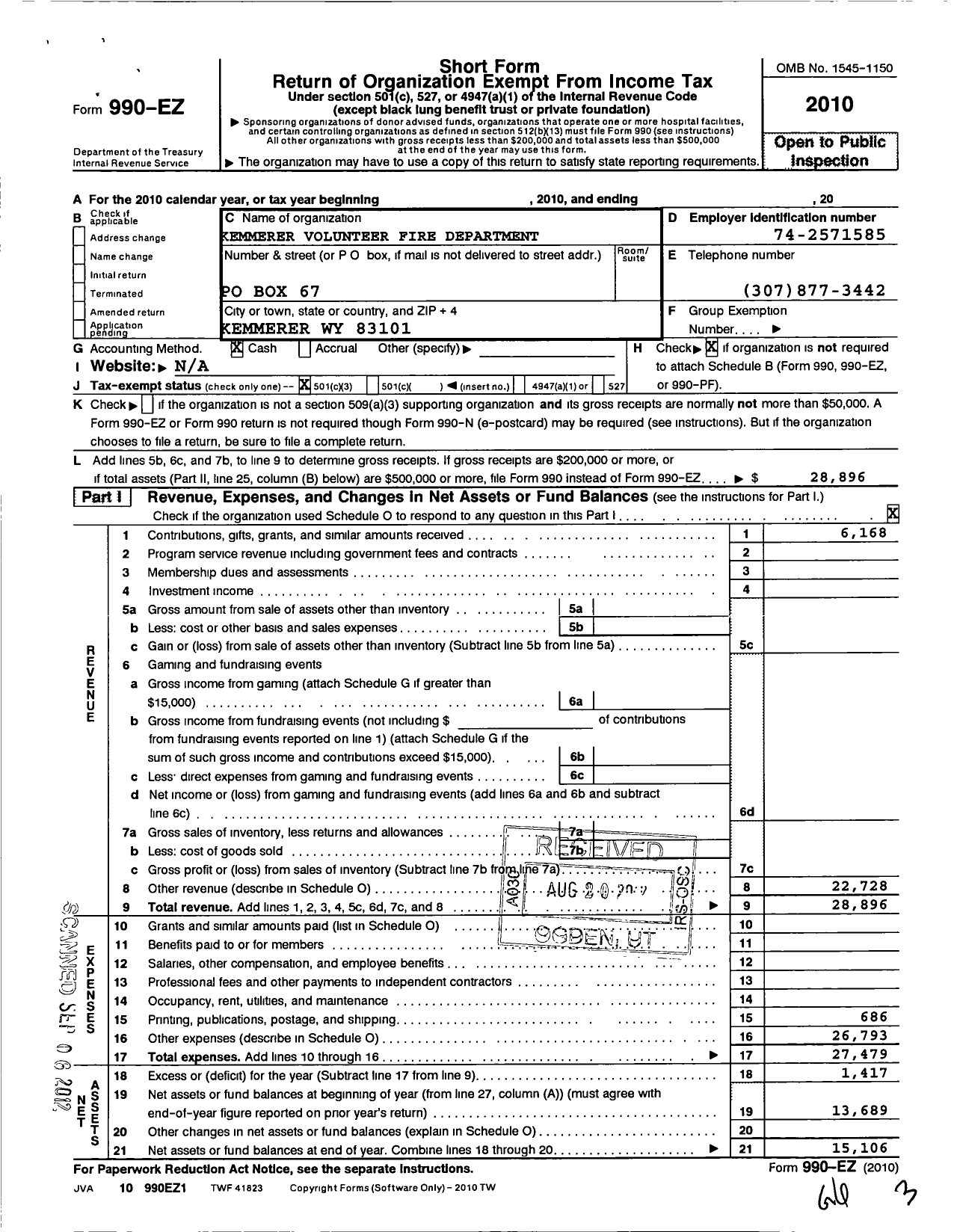 Image of first page of 2010 Form 990EZ for Kemmerer Volunteer Fire Department