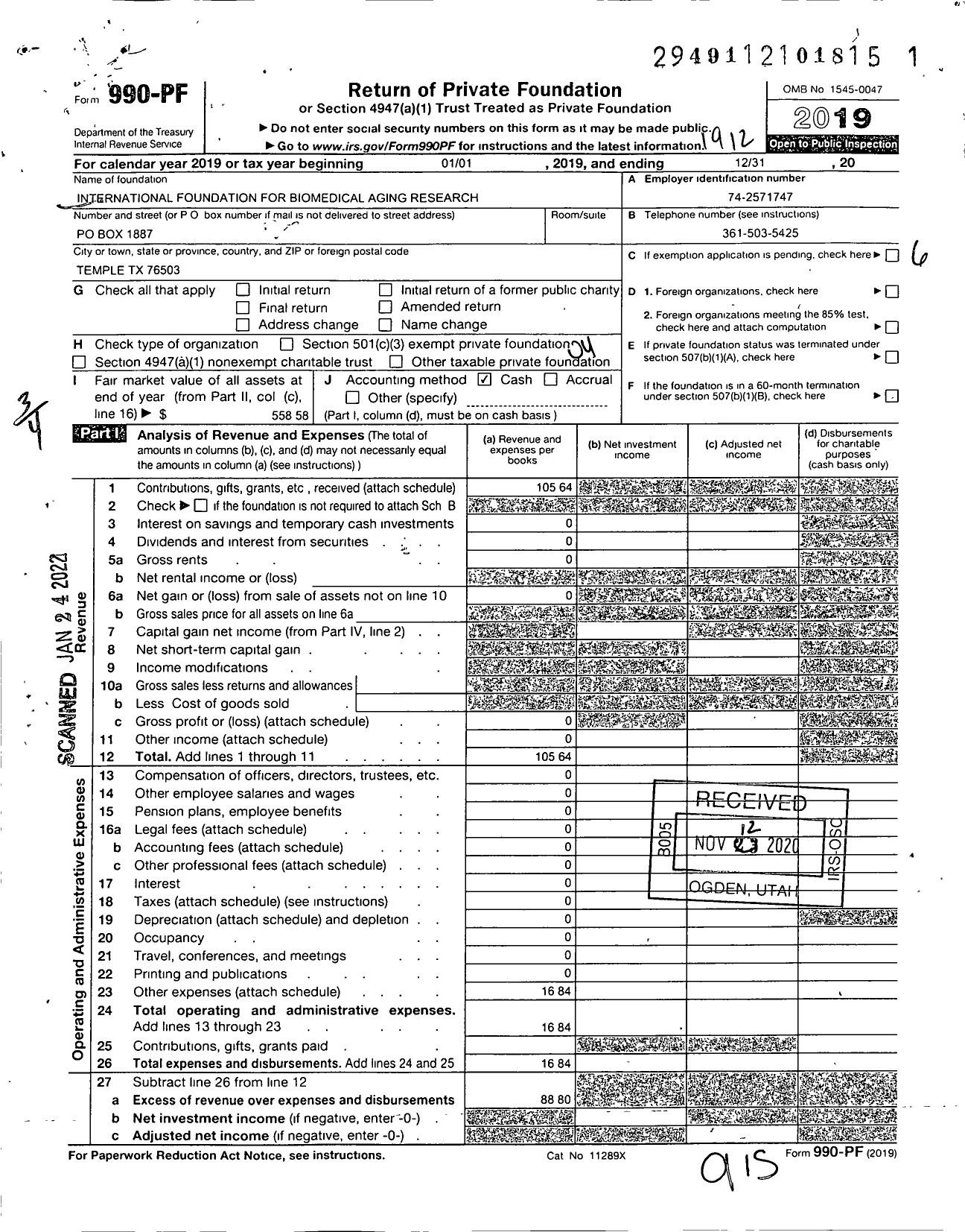 Image of first page of 2019 Form 990PF for International Foundation for Biomedical Aging Research