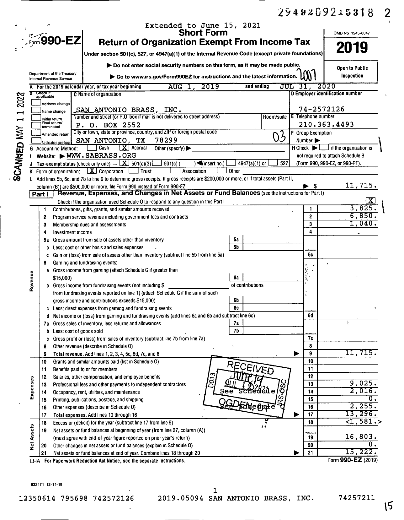 Image of first page of 2019 Form 990EZ for San Antonio Brass