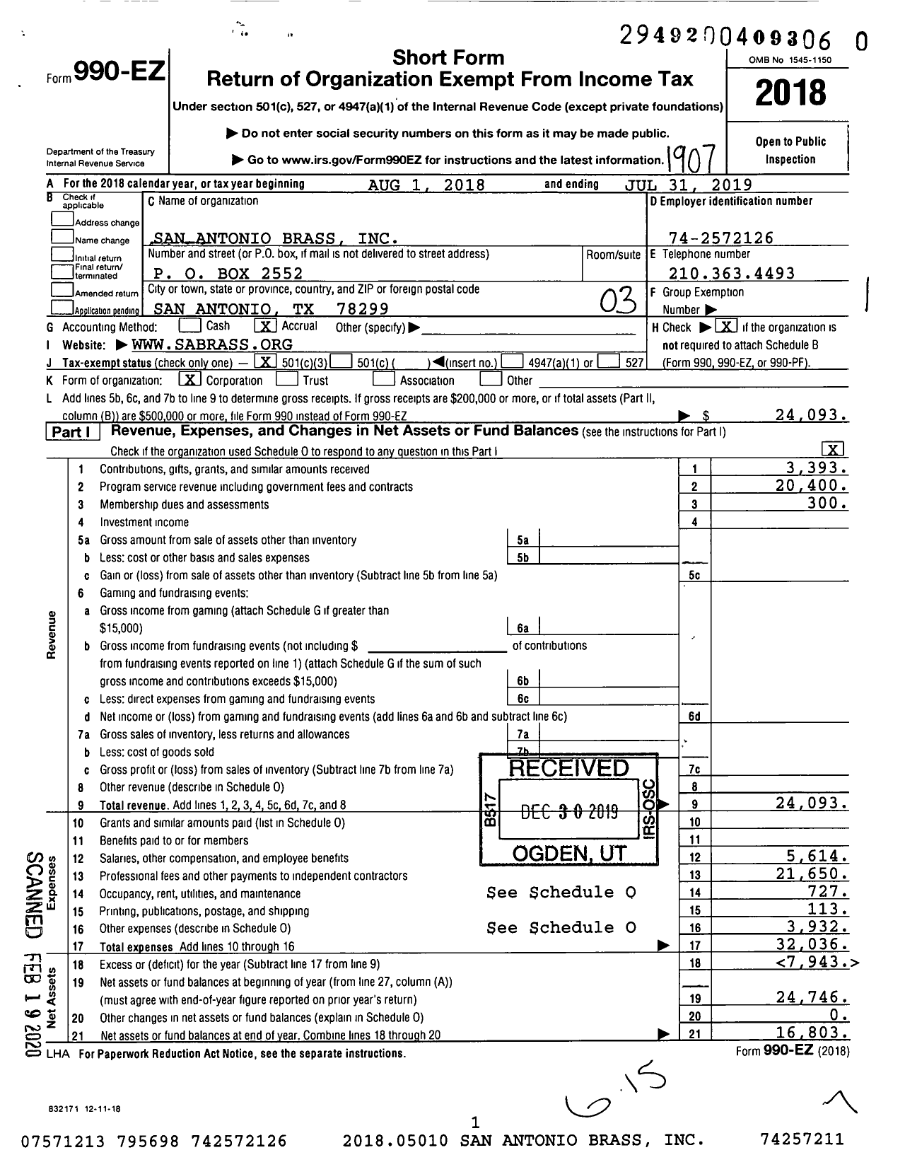 Image of first page of 2018 Form 990EZ for San Antonio Brass