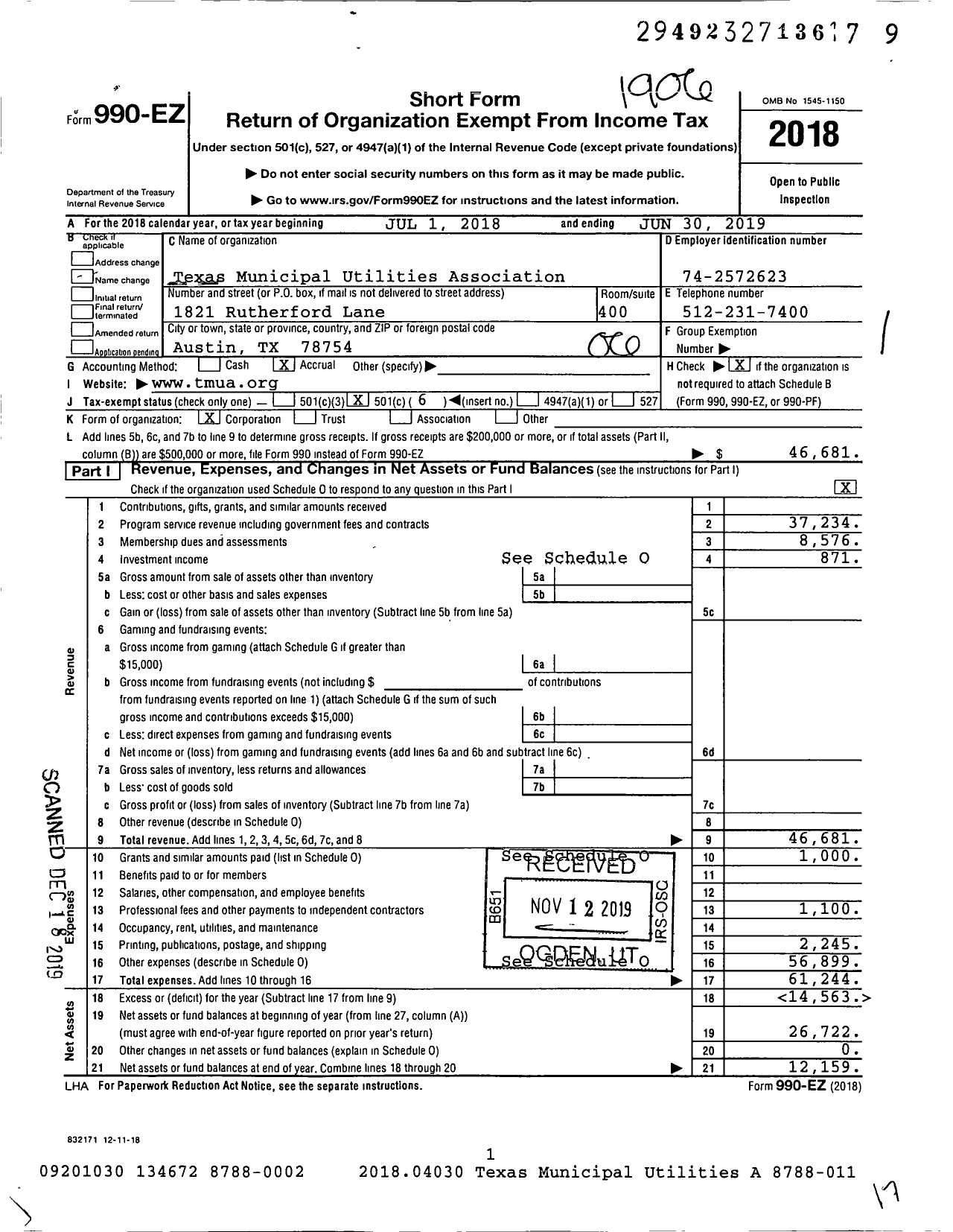 Image of first page of 2018 Form 990EO for Texas Municipal Utilities Association