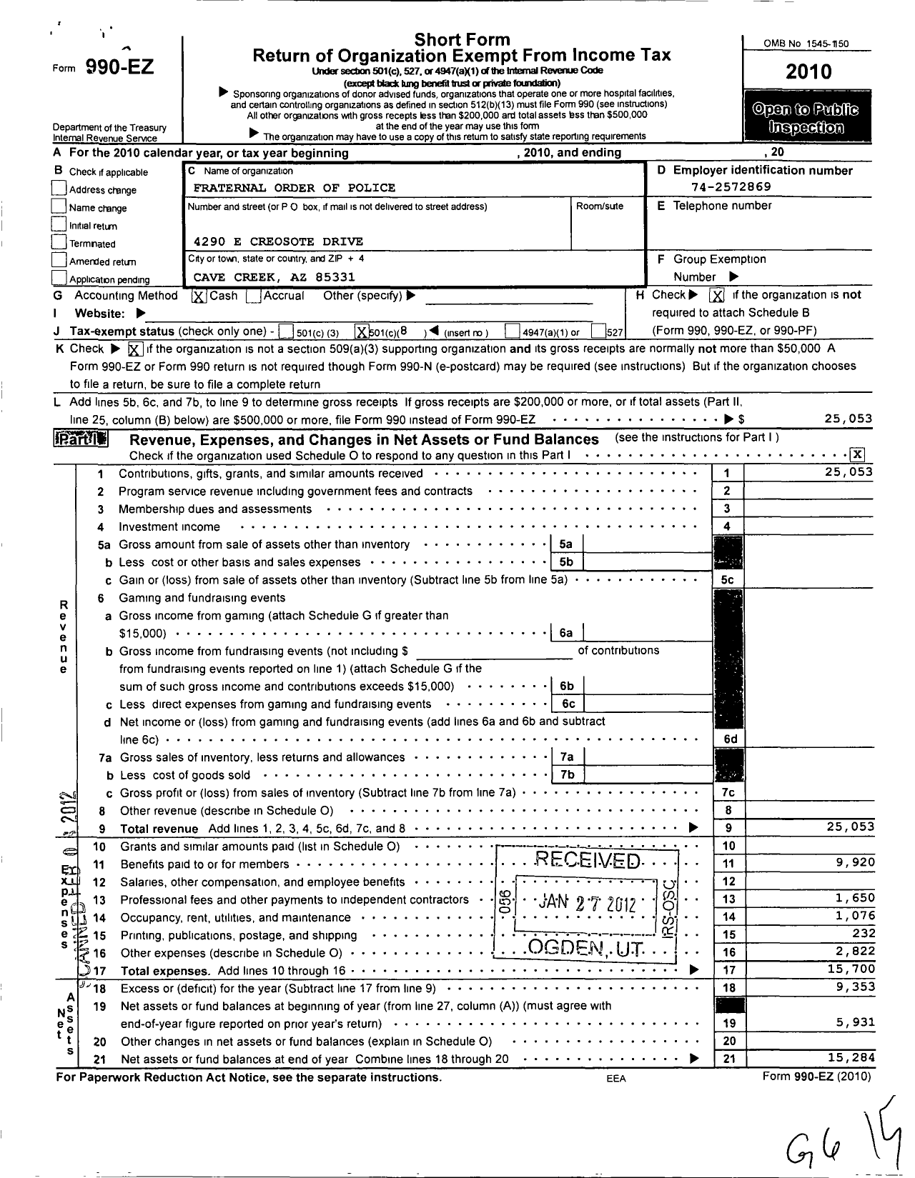 Image of first page of 2010 Form 990EO for Fraternal Order of Police - 23 Sahuaro Lodge