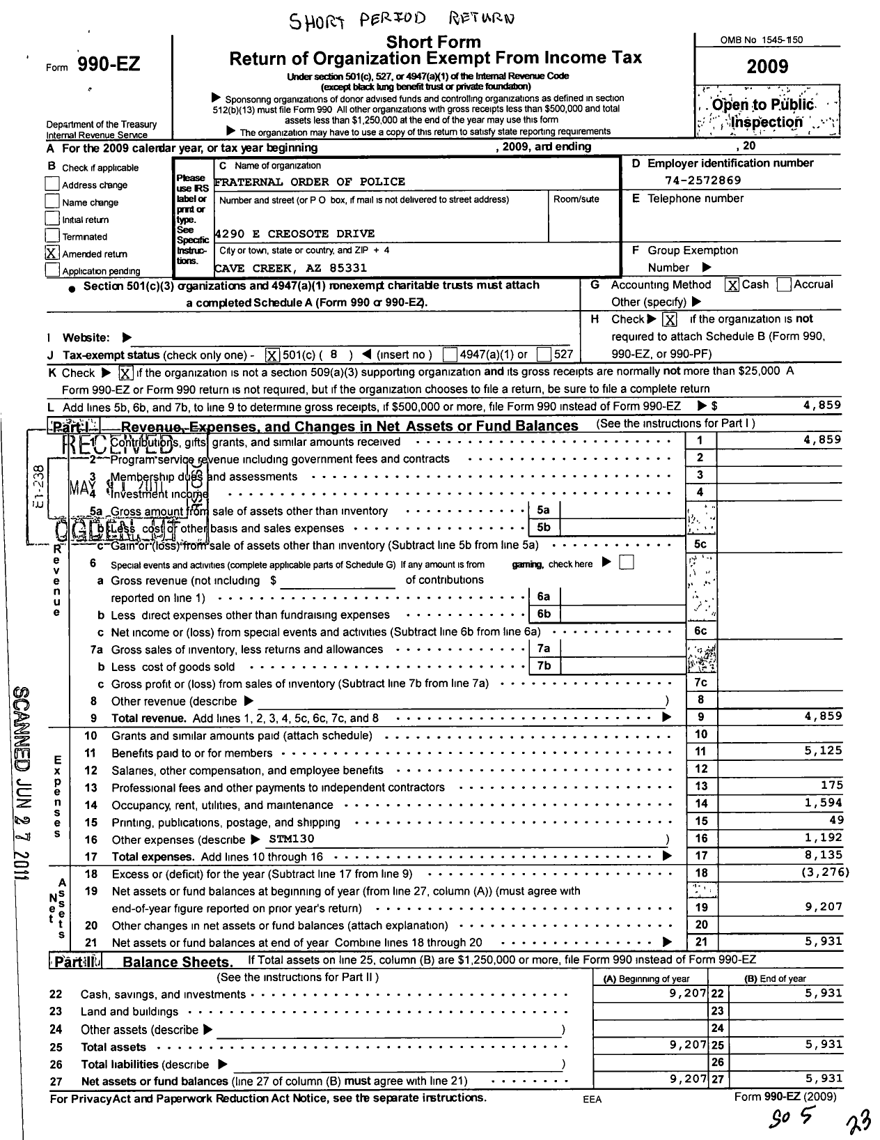 Image of first page of 2009 Form 990EO for Fraternal Order of Police - 23 Sahuaro Lodge