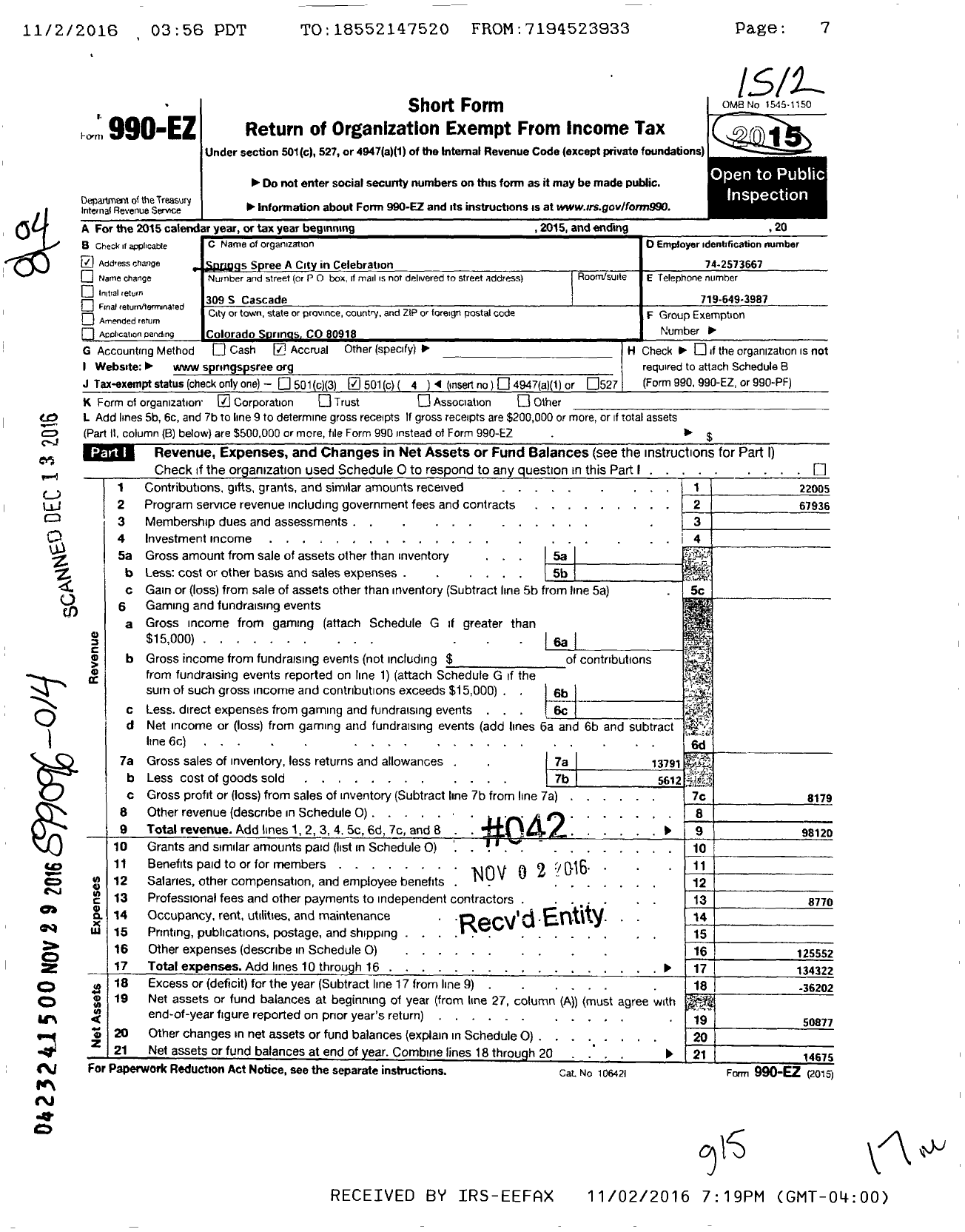 Image of first page of 2015 Form 990EO for Springs Spree A City in Celebration