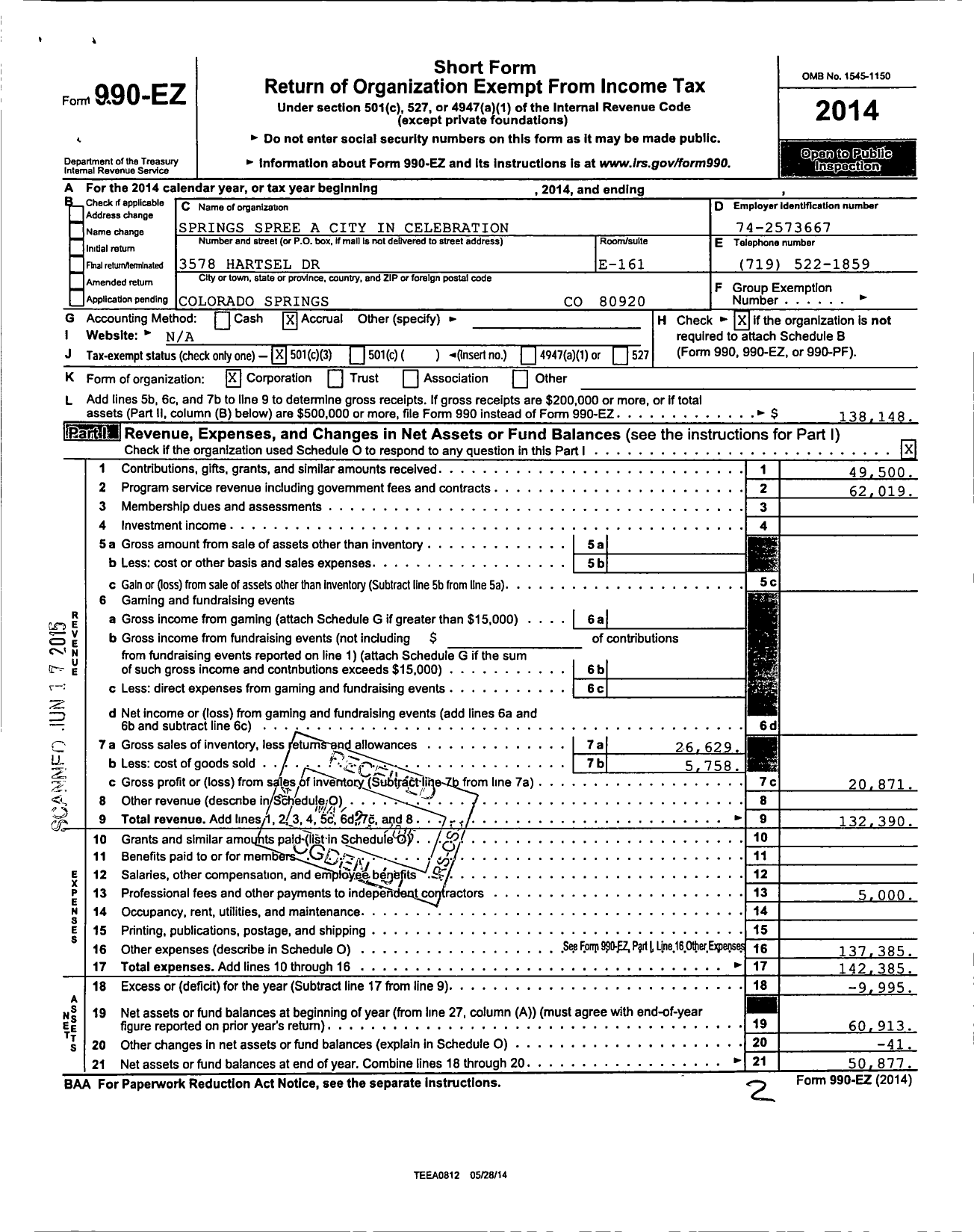 Image of first page of 2014 Form 990EZ for Springs Spree A City in Celebration