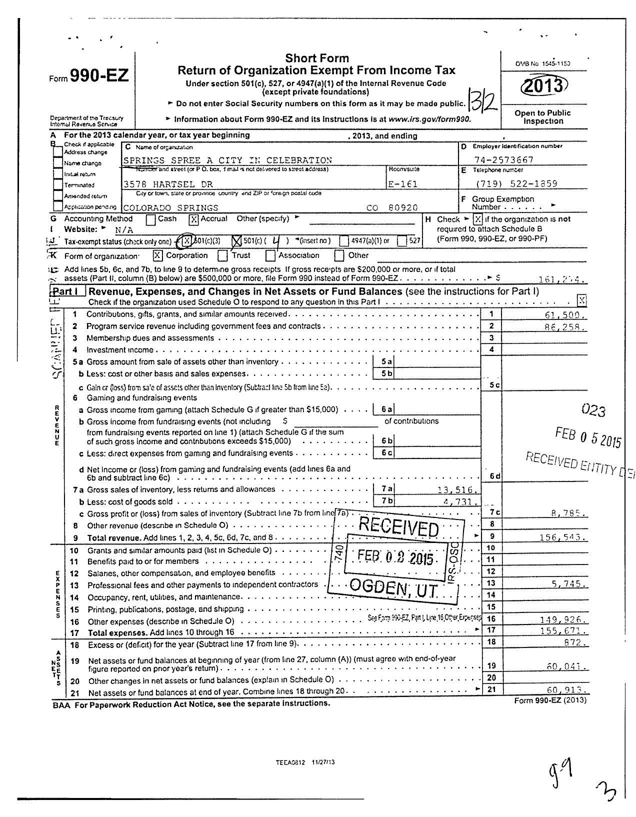 Image of first page of 2013 Form 990EO for Springs Spree A City in Celebration