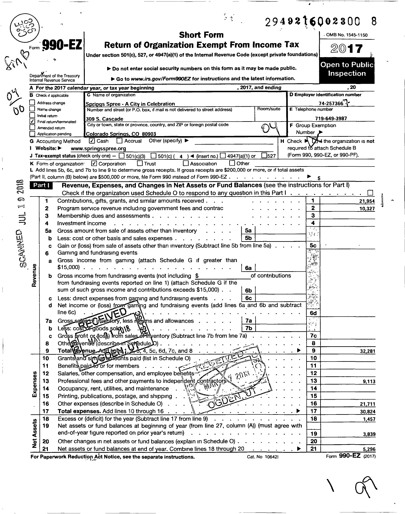 Image of first page of 2017 Form 990EO for Springs Spree A City in Celebration