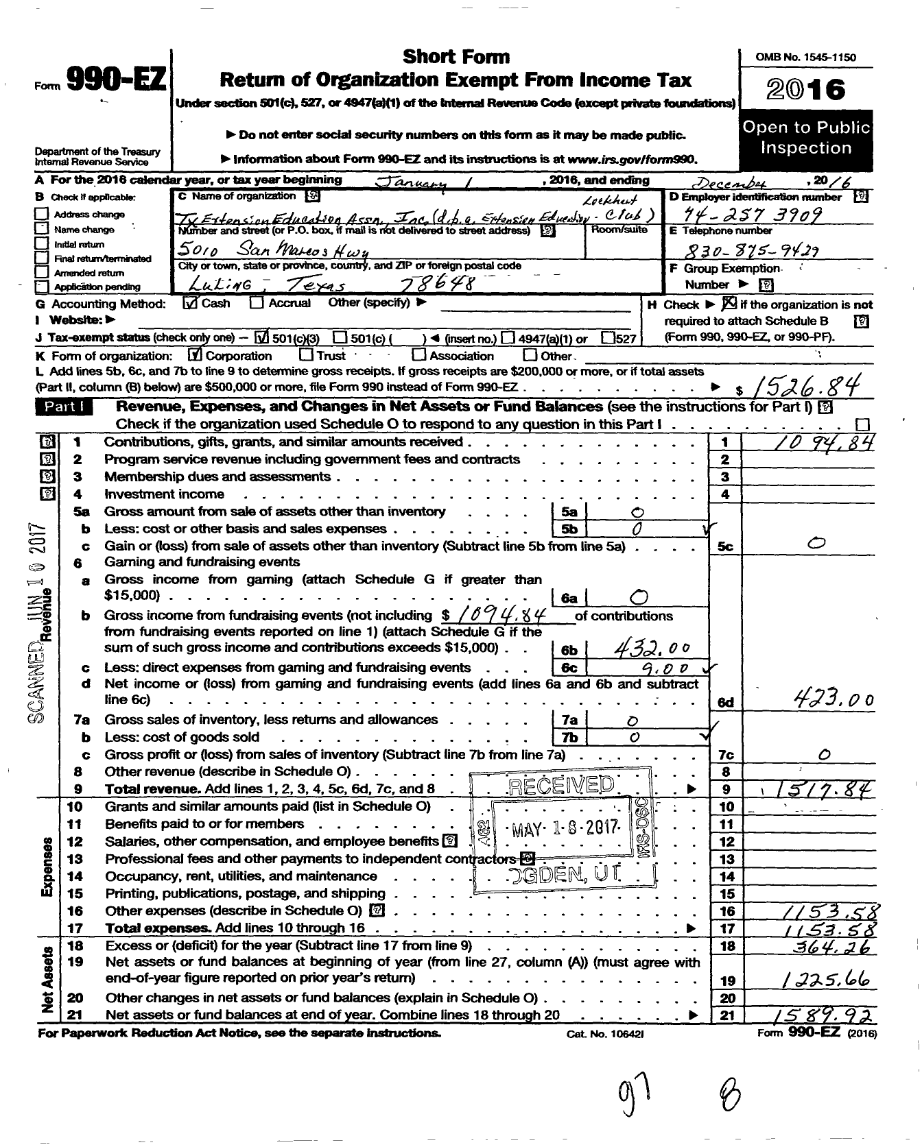 Image of first page of 2016 Form 990EZ for Texas Extension Education Association / 1019 Lockhart Eec Dist 10