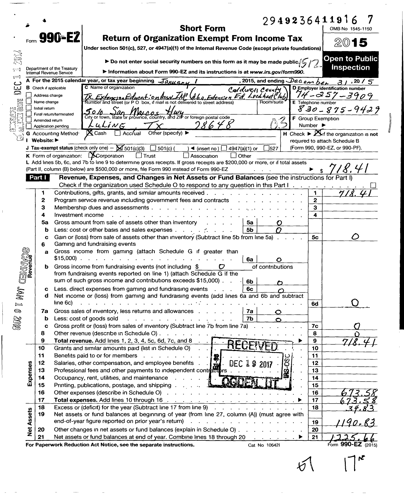 Image of first page of 2015 Form 990EZ for Texas Extension Education Association / 1019 Lockhart Eec Dist 10