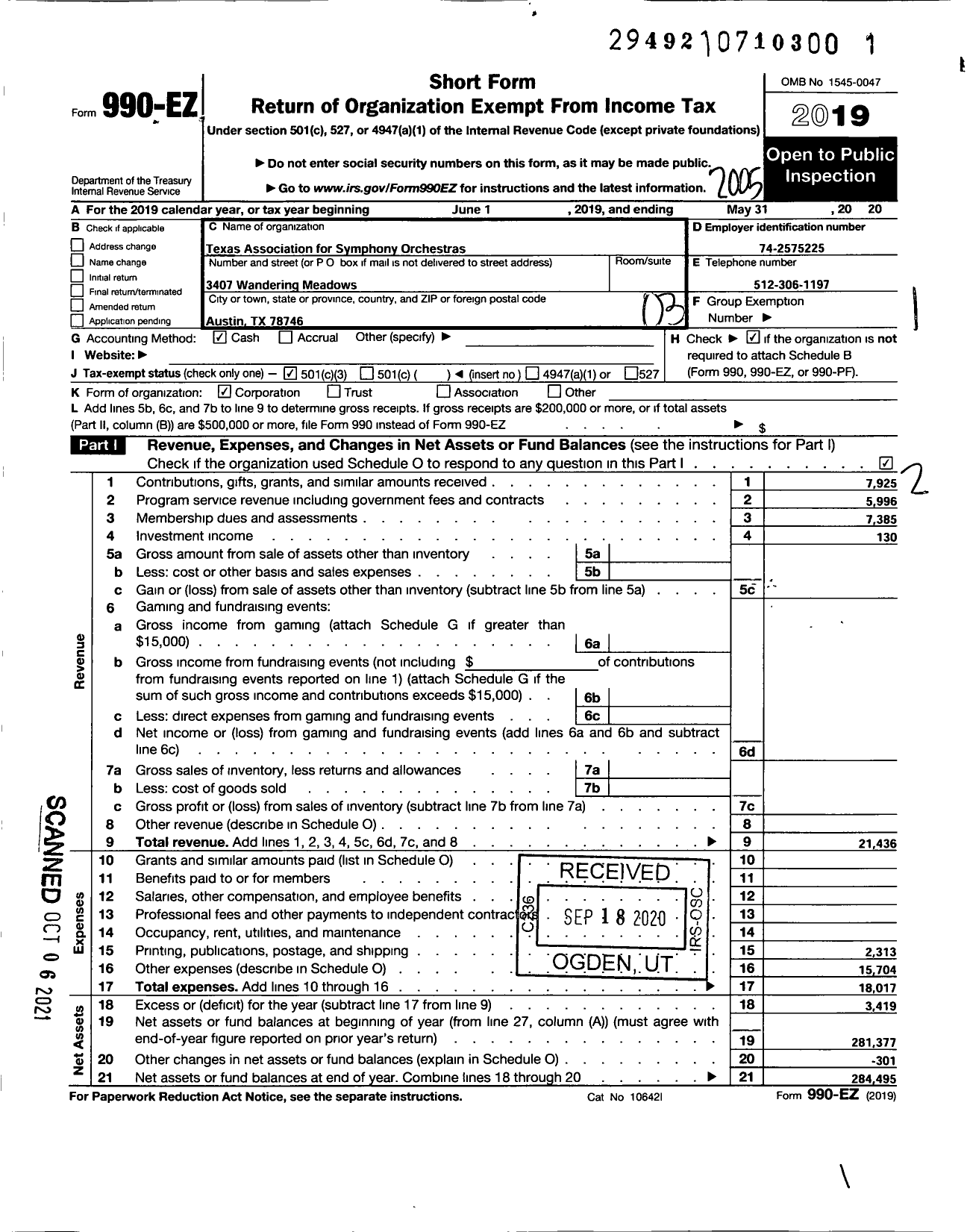 Image of first page of 2019 Form 990EZ for Texas Association for Symphony Orchestras