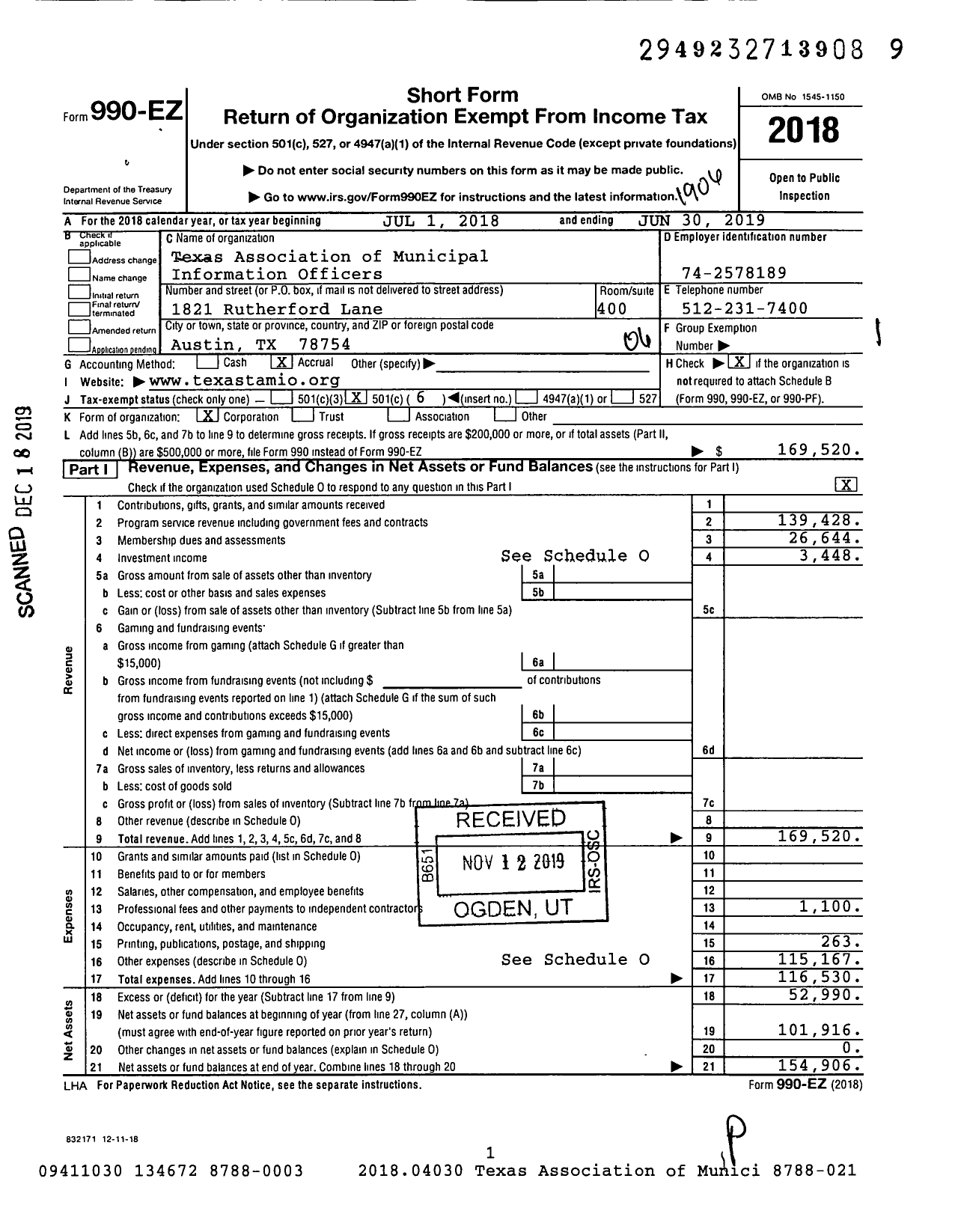 Image of first page of 2018 Form 990EO for Texas Association of Municipal Information Officers