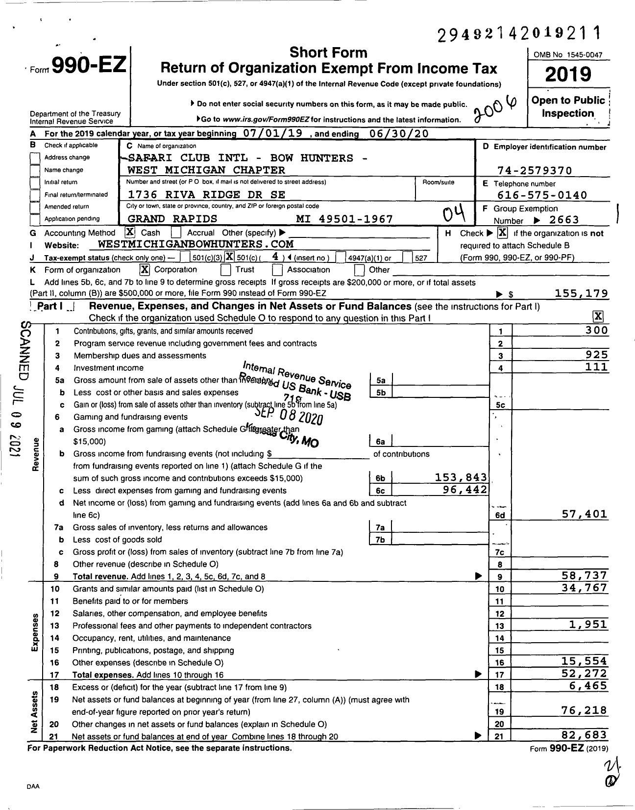 Image of first page of 2019 Form 990EO for Safari Club International - Bow Hunters - West Michigan Chapter