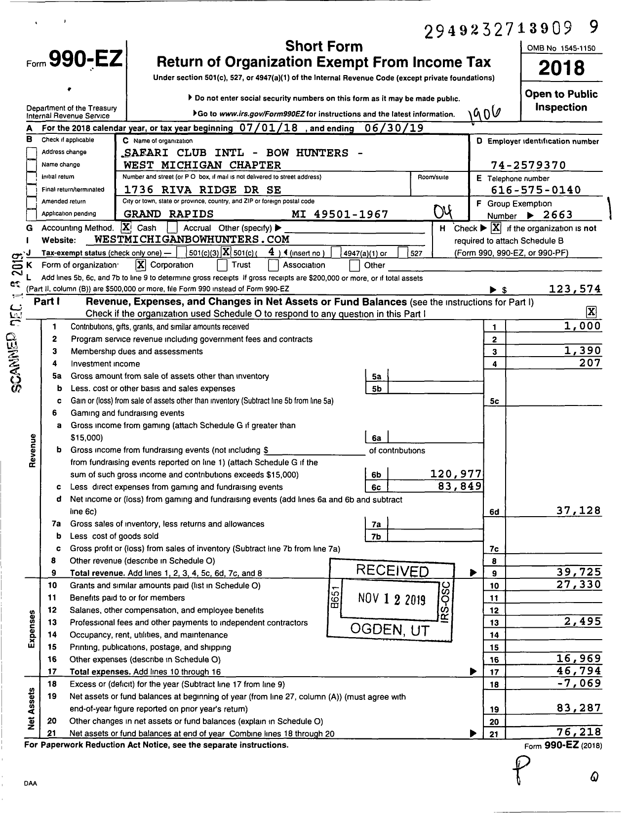 Image of first page of 2018 Form 990EO for Safari Club International - Bow Hunters - West Michigan Chapter