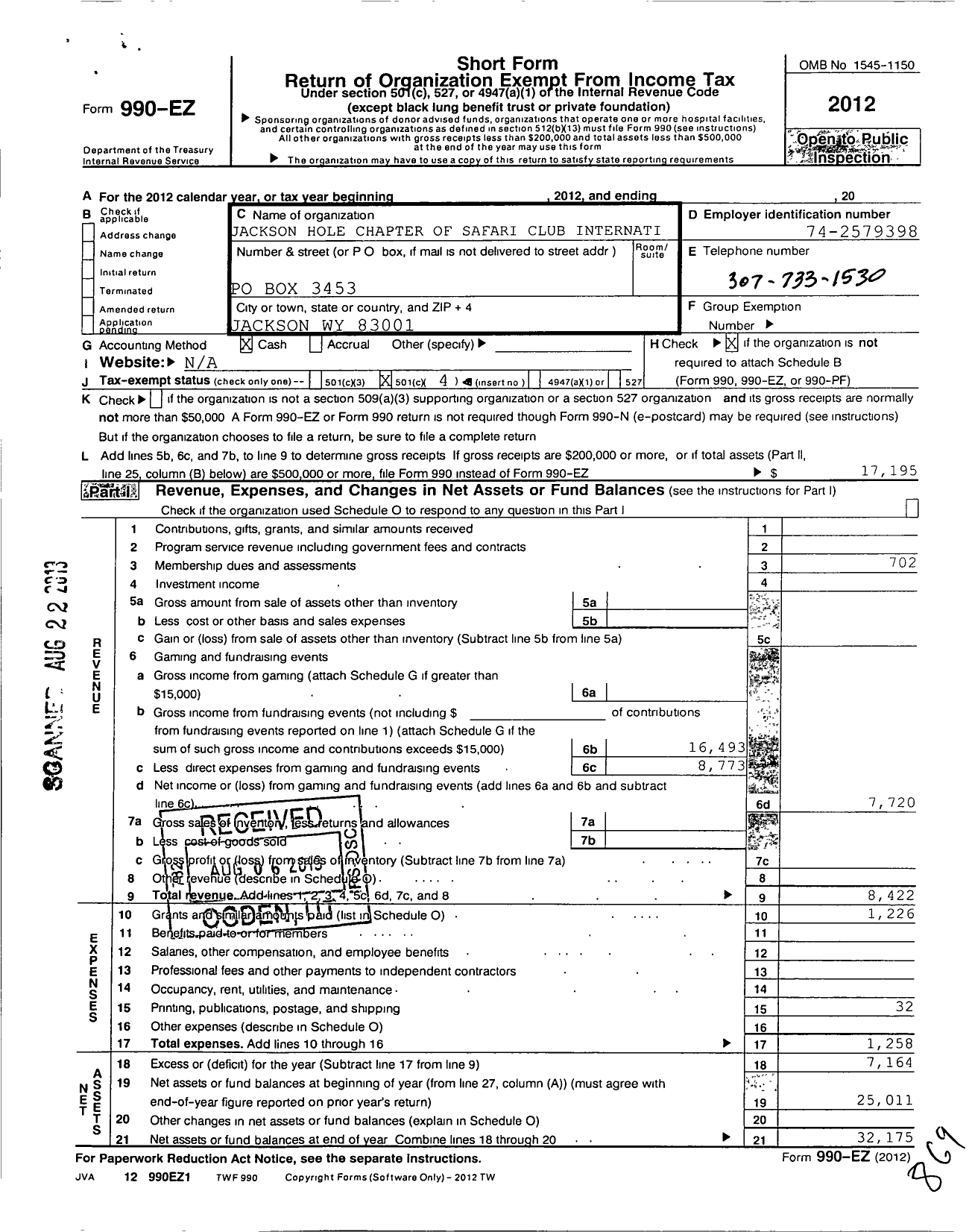 Image of first page of 2012 Form 990EO for Safari Club International / Jackson Hole Chapter