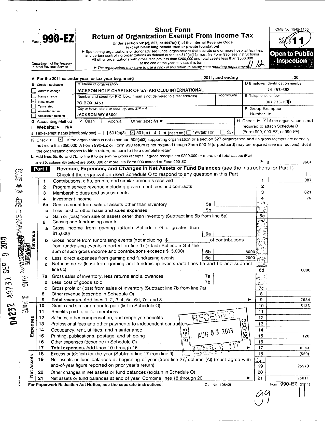 Image of first page of 2011 Form 990EO for Safari Club International / Jackson Hole Chapter