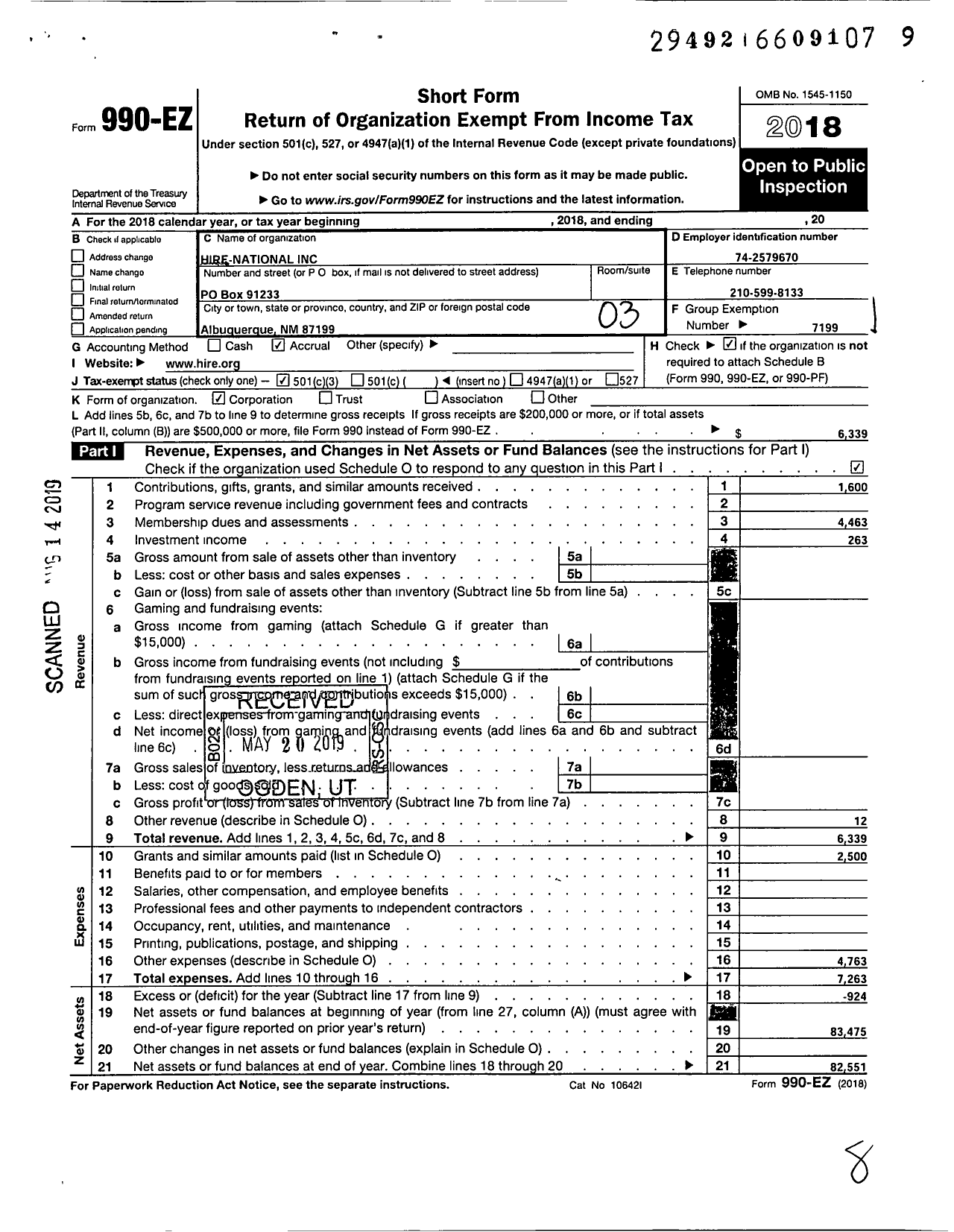 Image of first page of 2018 Form 990EZ for Hire-National / Hispanic Internal Revenue Employees