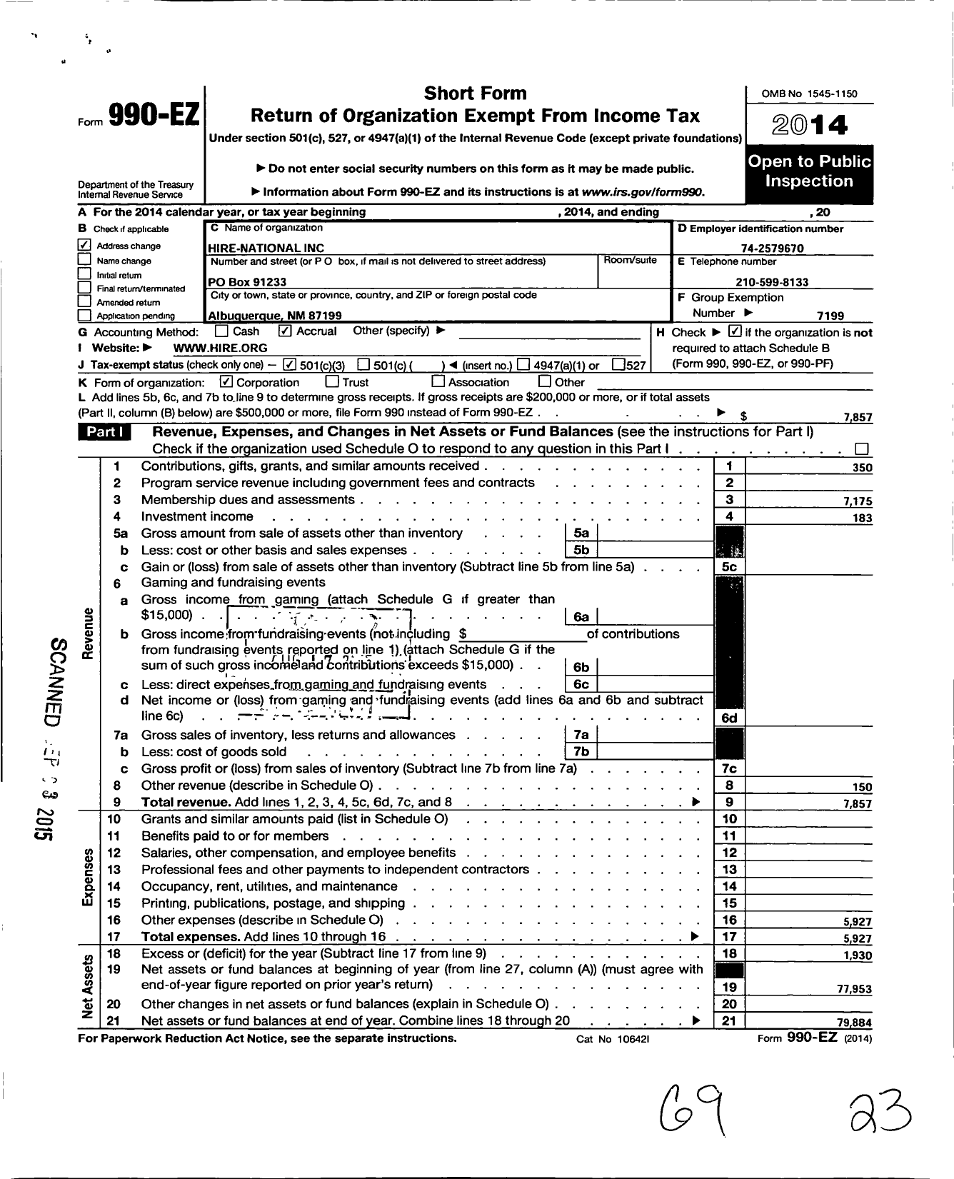 Image of first page of 2014 Form 990EZ for Hire-National / Hispanic Internal Revenue Employees