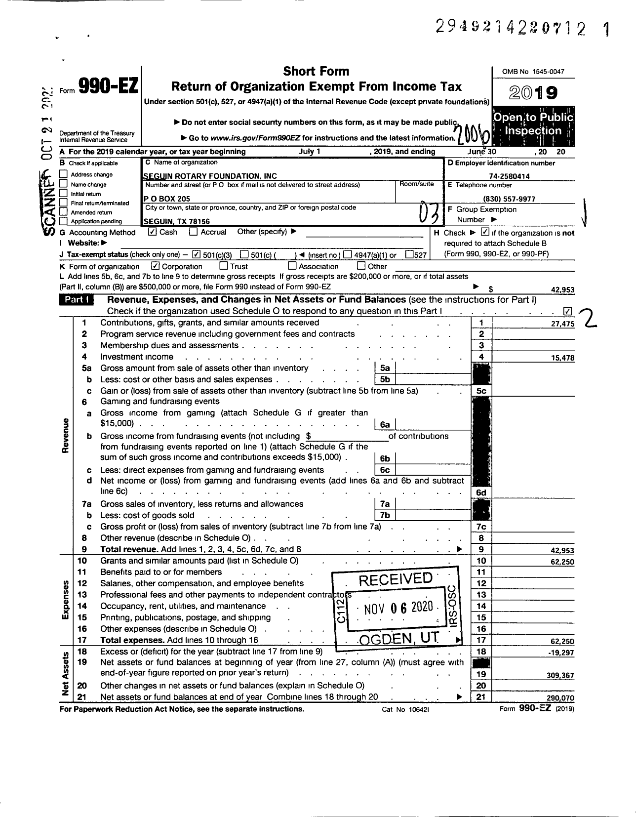 Image of first page of 2019 Form 990EZ for Seguin Rotary Foundation