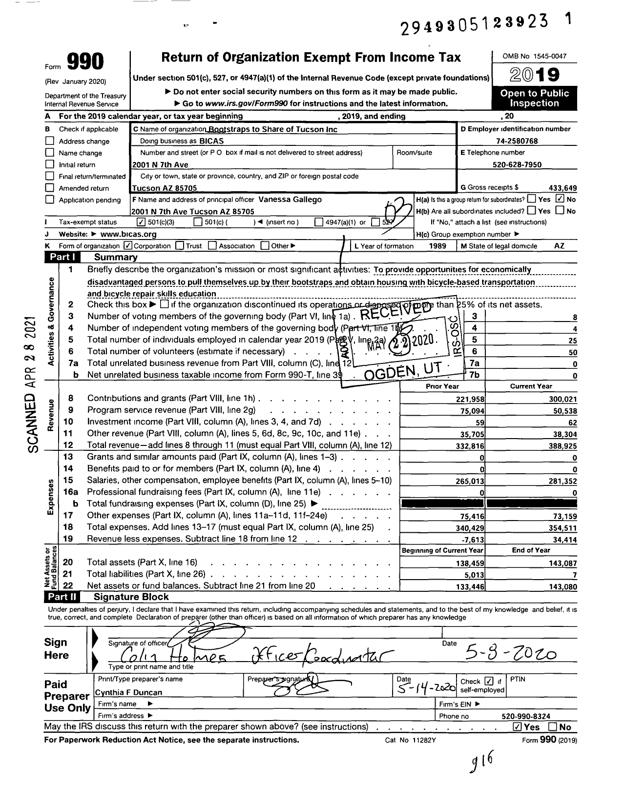 Image of first page of 2019 Form 990 for Bicas