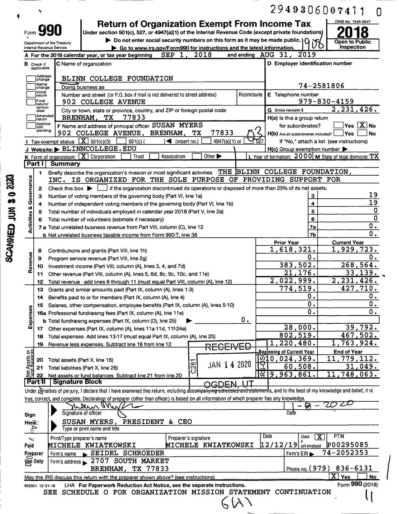 Image of first page of 2018 Form 990 for Blinn College Foundation