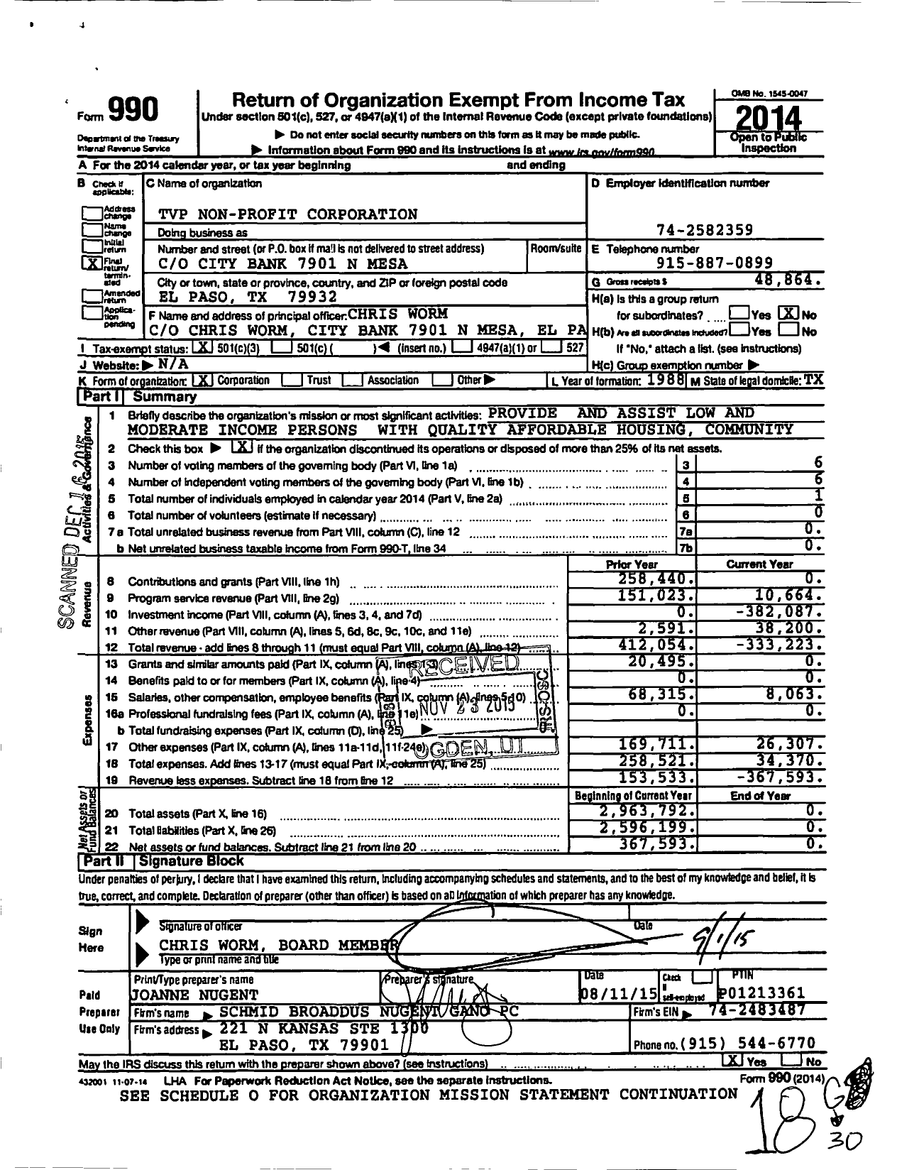 Image of first page of 2014 Form 990 for TVP Non-Profit Corporation