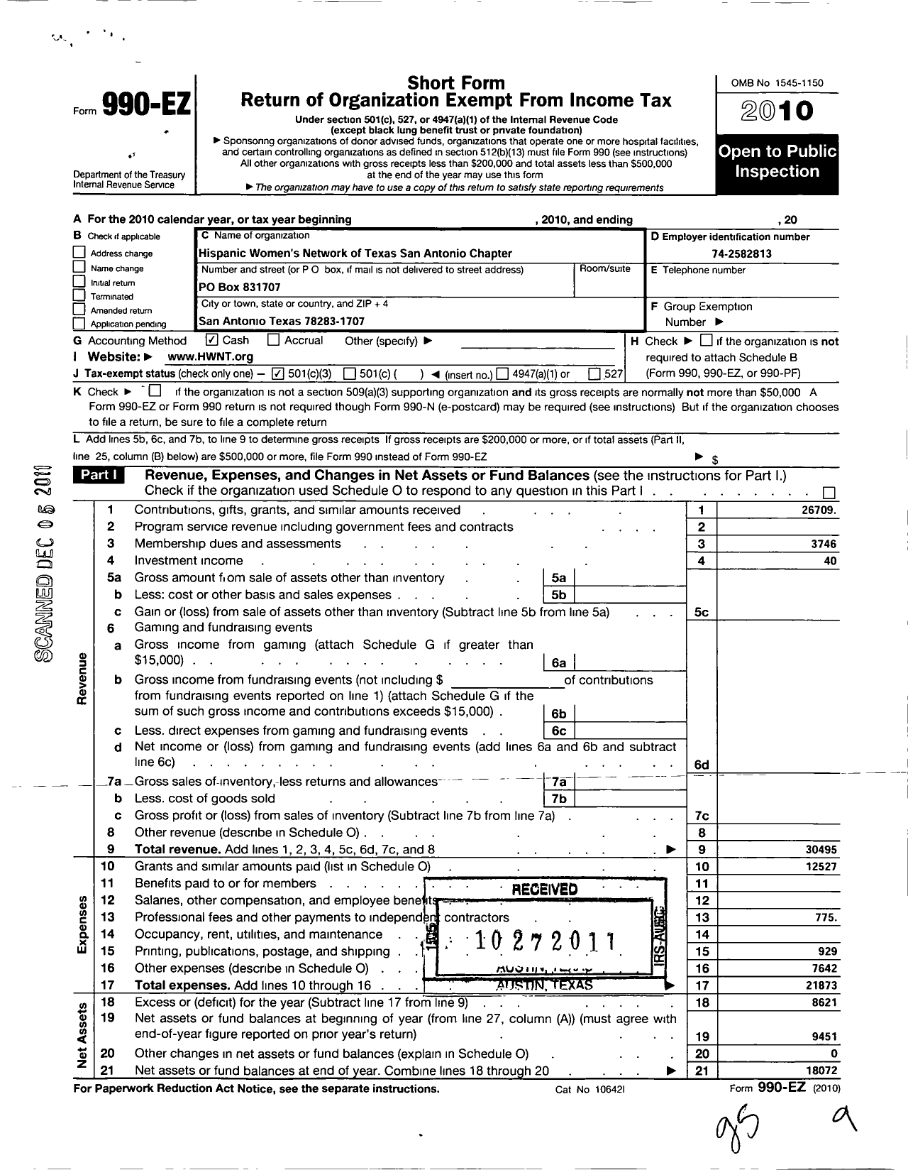 Image of first page of 2010 Form 990EZ for Hispanic Womens Network of Texas / San Antonio