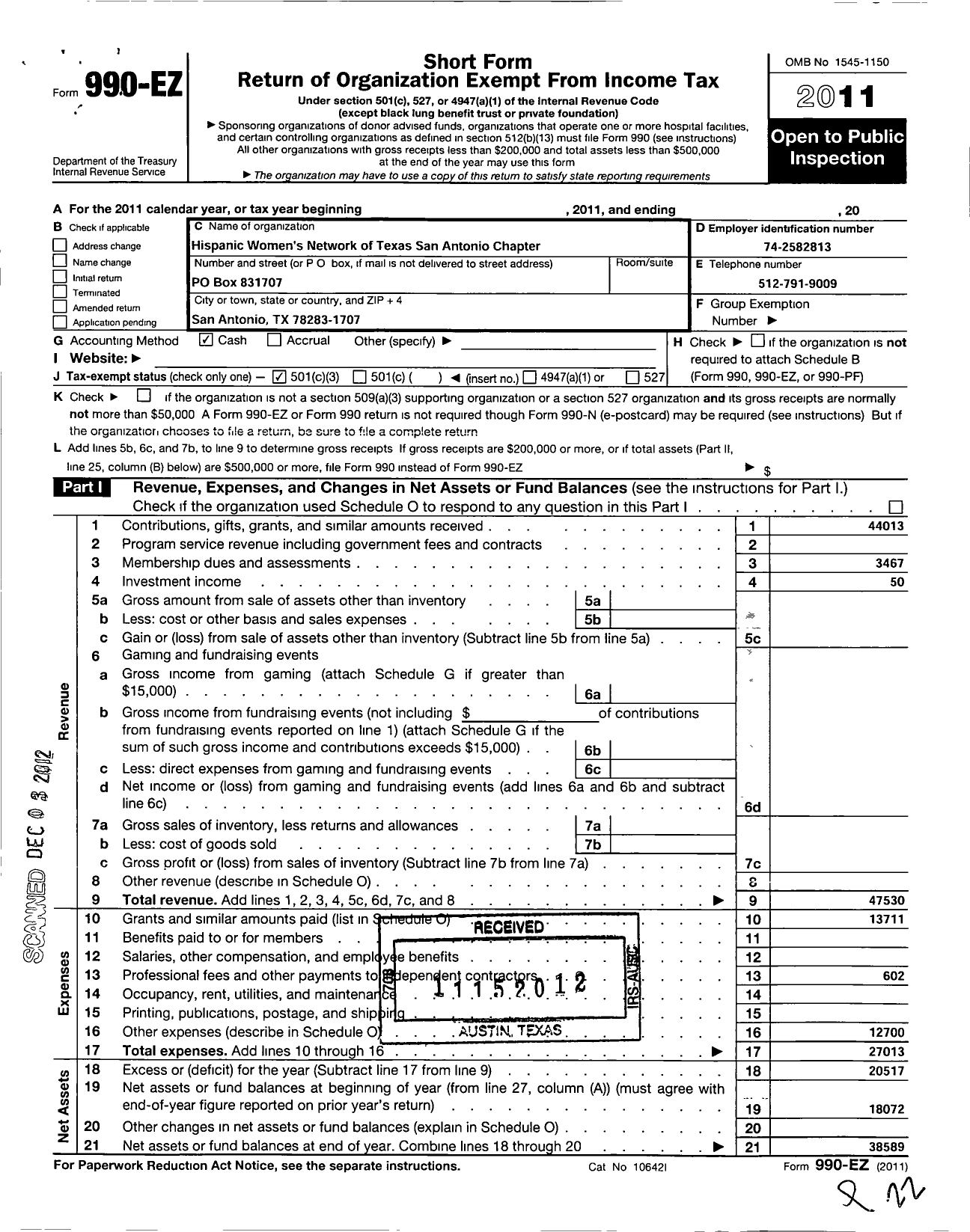 Image of first page of 2011 Form 990EZ for Hispanic Womens Network of Texas / San Antonio