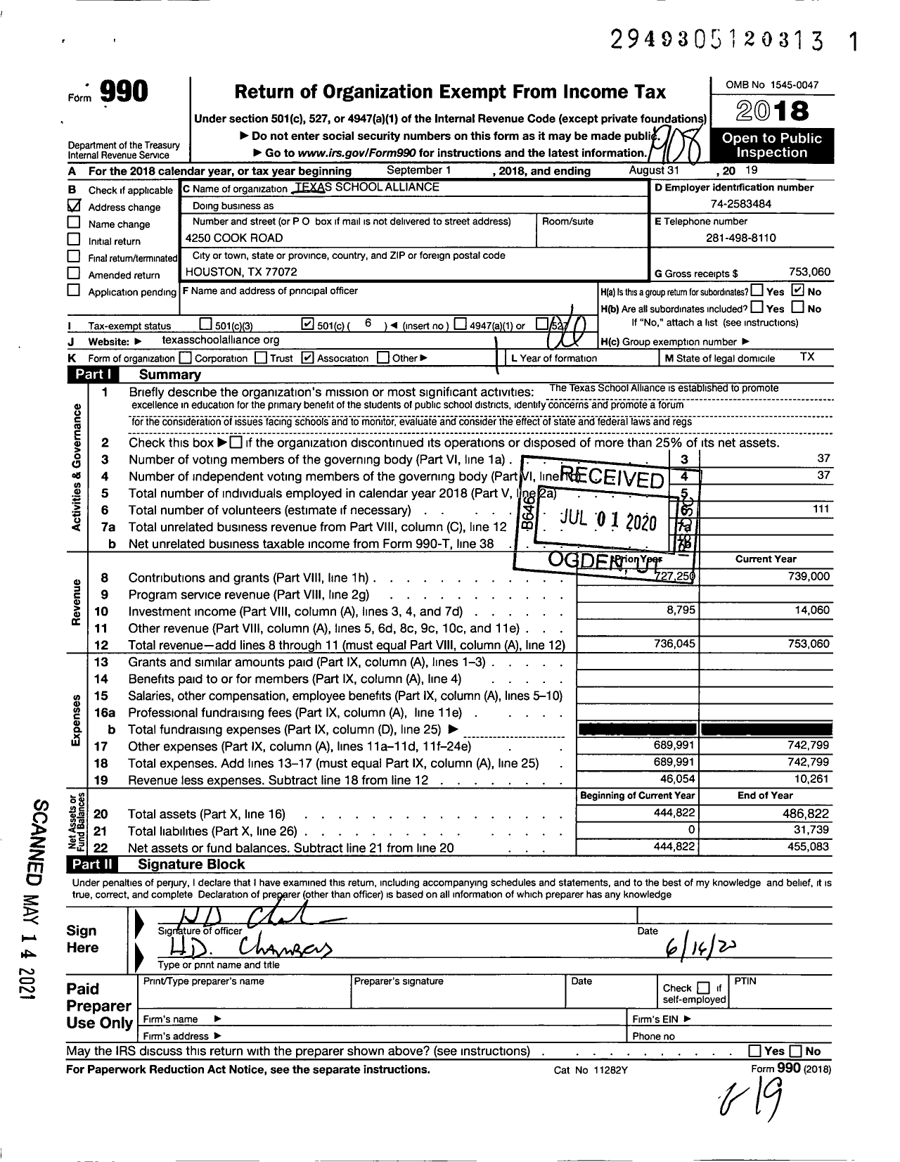 Image of first page of 2018 Form 990O for Texas School Alliance