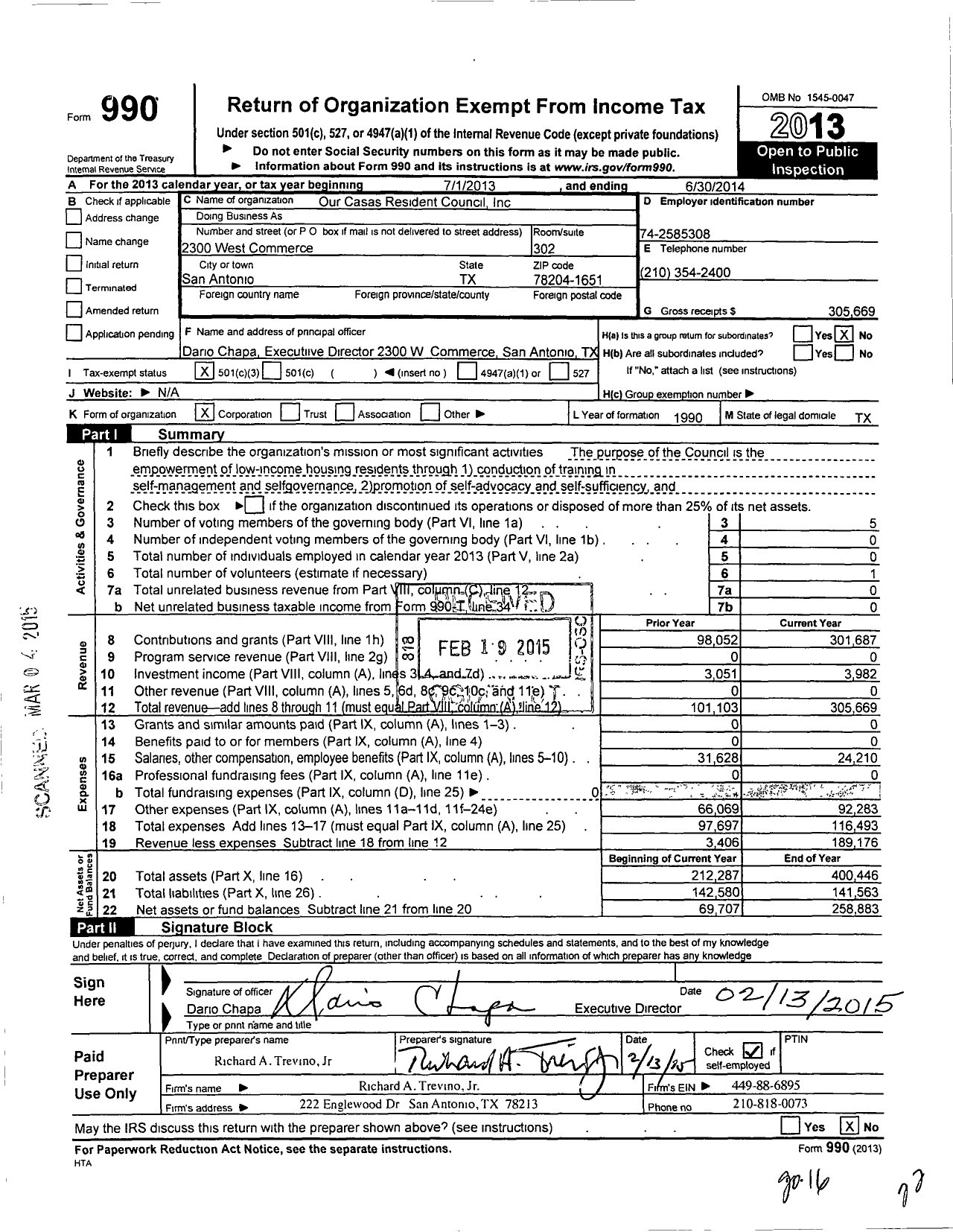 Image of first page of 2013 Form 990 for Our Casas Resident Council Incorporated