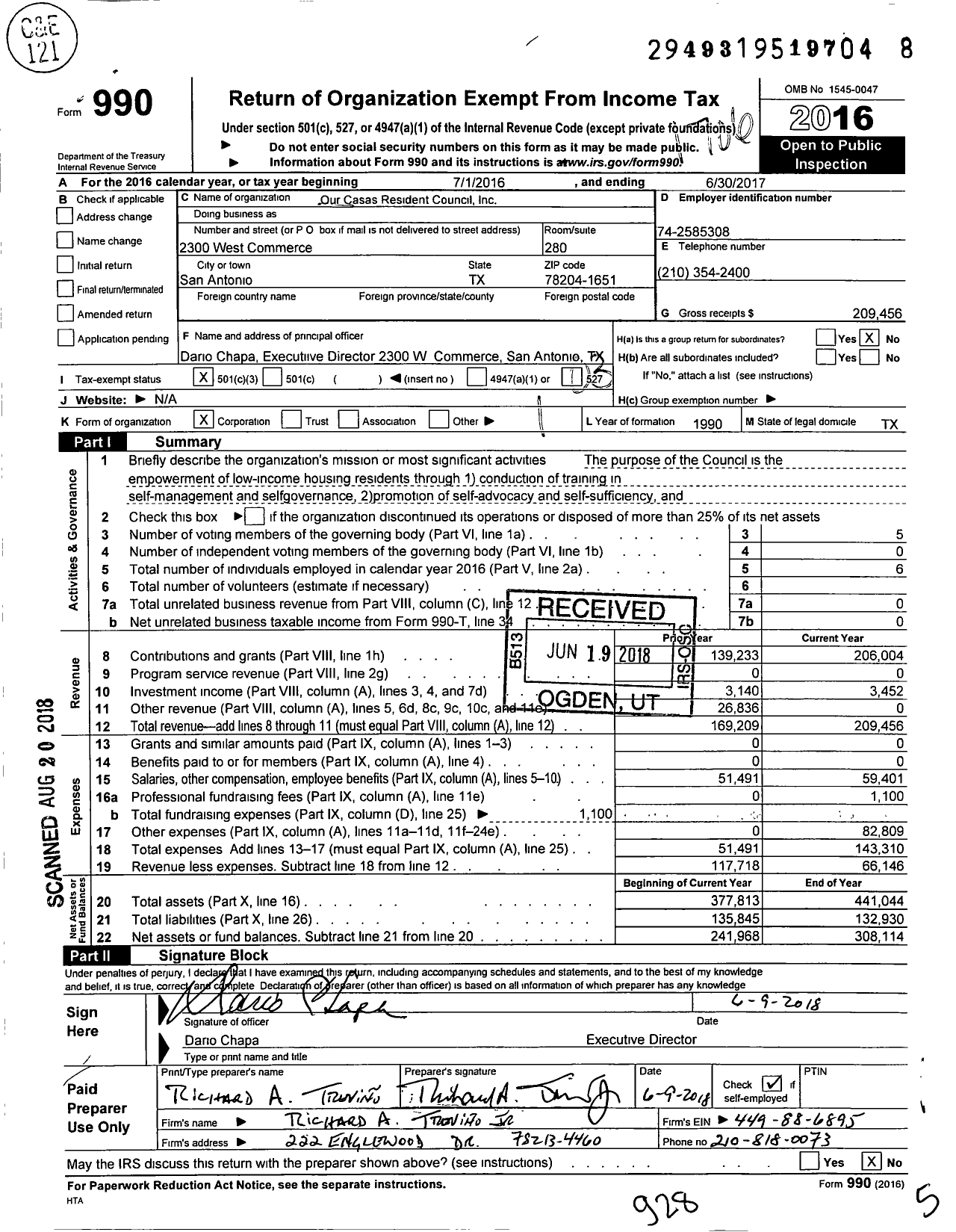 Image of first page of 2016 Form 990 for Our Casas Resident Council Incorporated