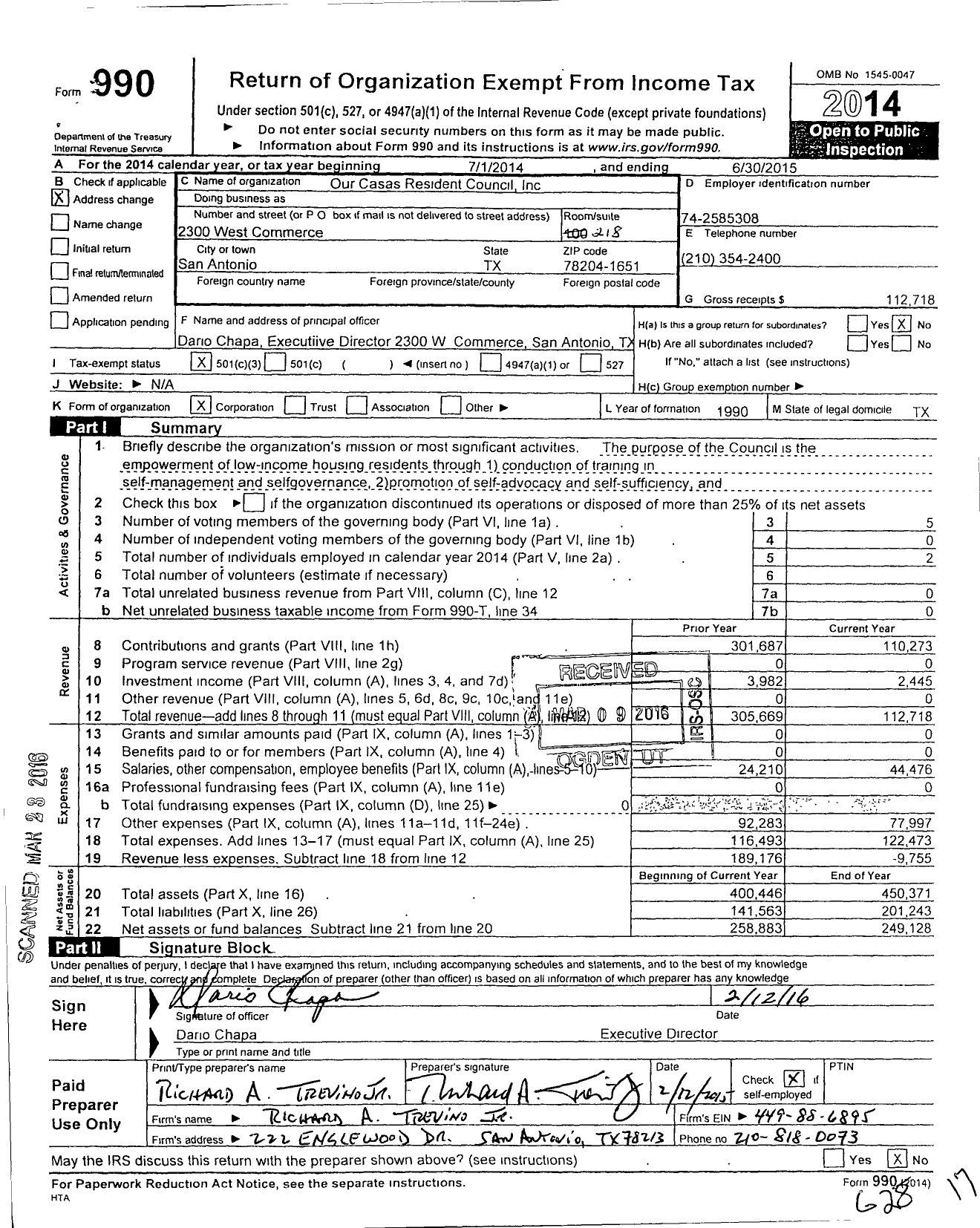 Image of first page of 2014 Form 990 for Our Casas Resident Council Incorporated