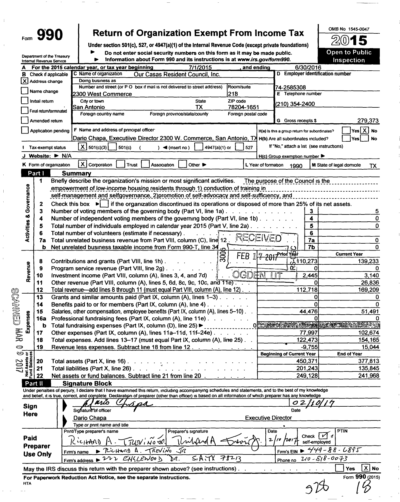 Image of first page of 2015 Form 990 for Our Casas Resident Council Incorporated