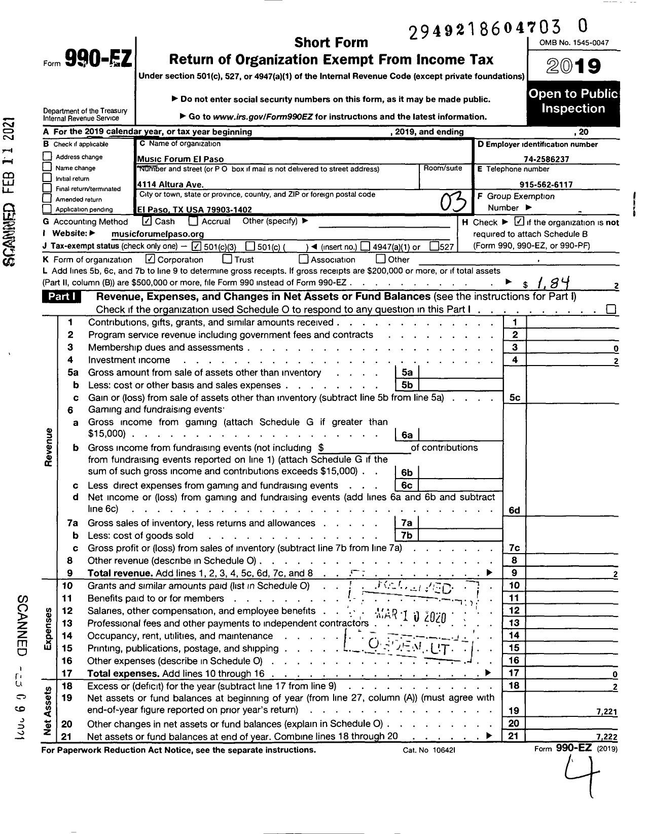 Image of first page of 2019 Form 990EZ for Music Forum El Paso