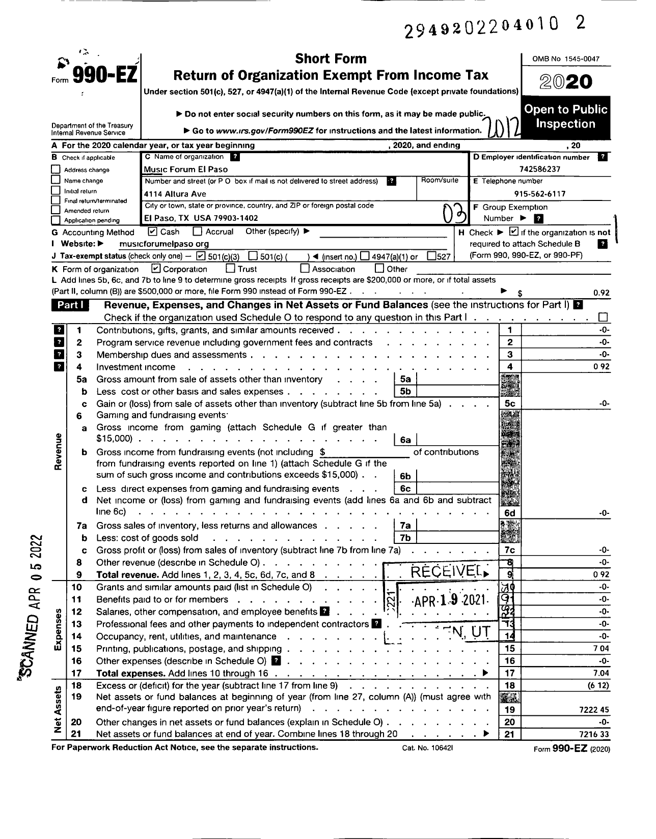 Image of first page of 2020 Form 990EZ for Music Forum El Paso