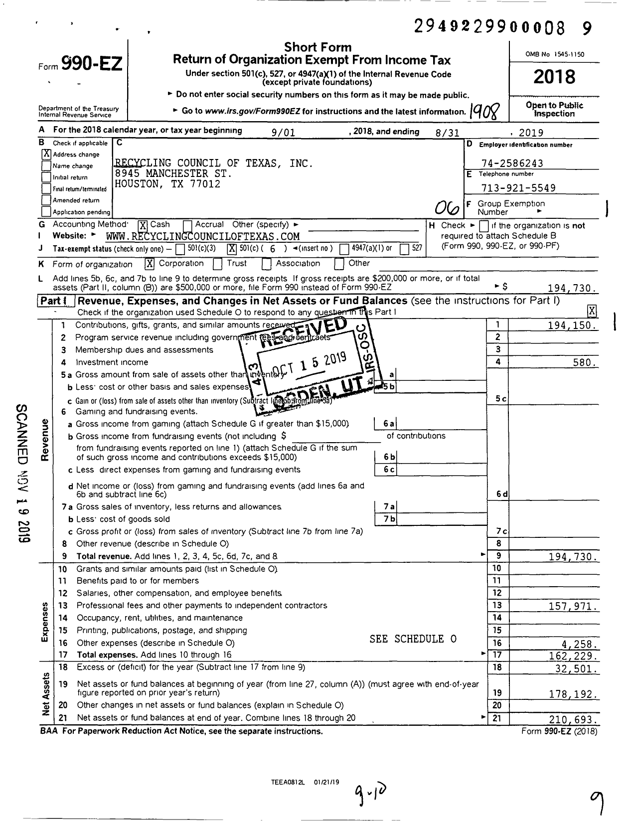 Image of first page of 2018 Form 990EO for Recycling Council of Texas