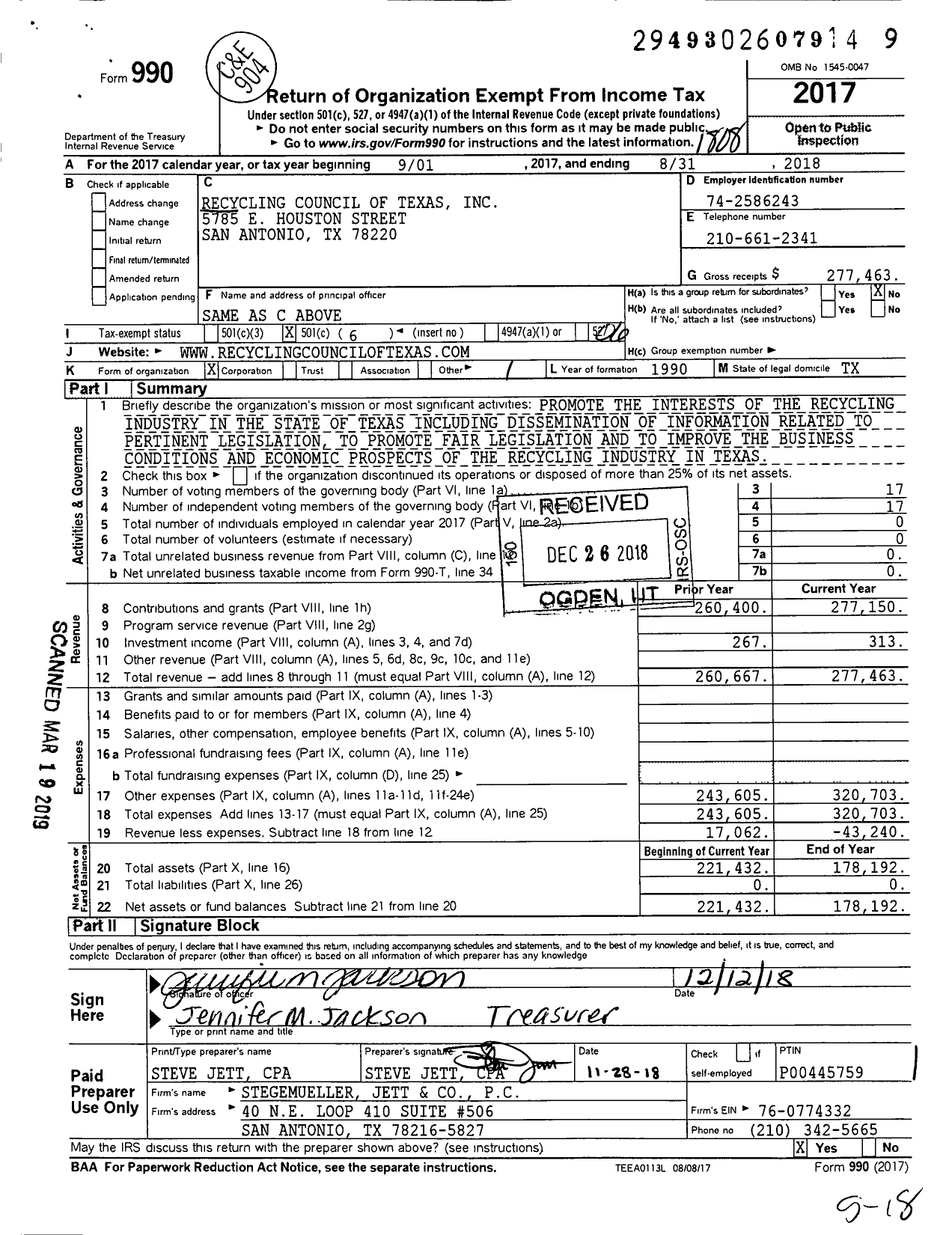 Image of first page of 2017 Form 990O for Recycling Council of Texas