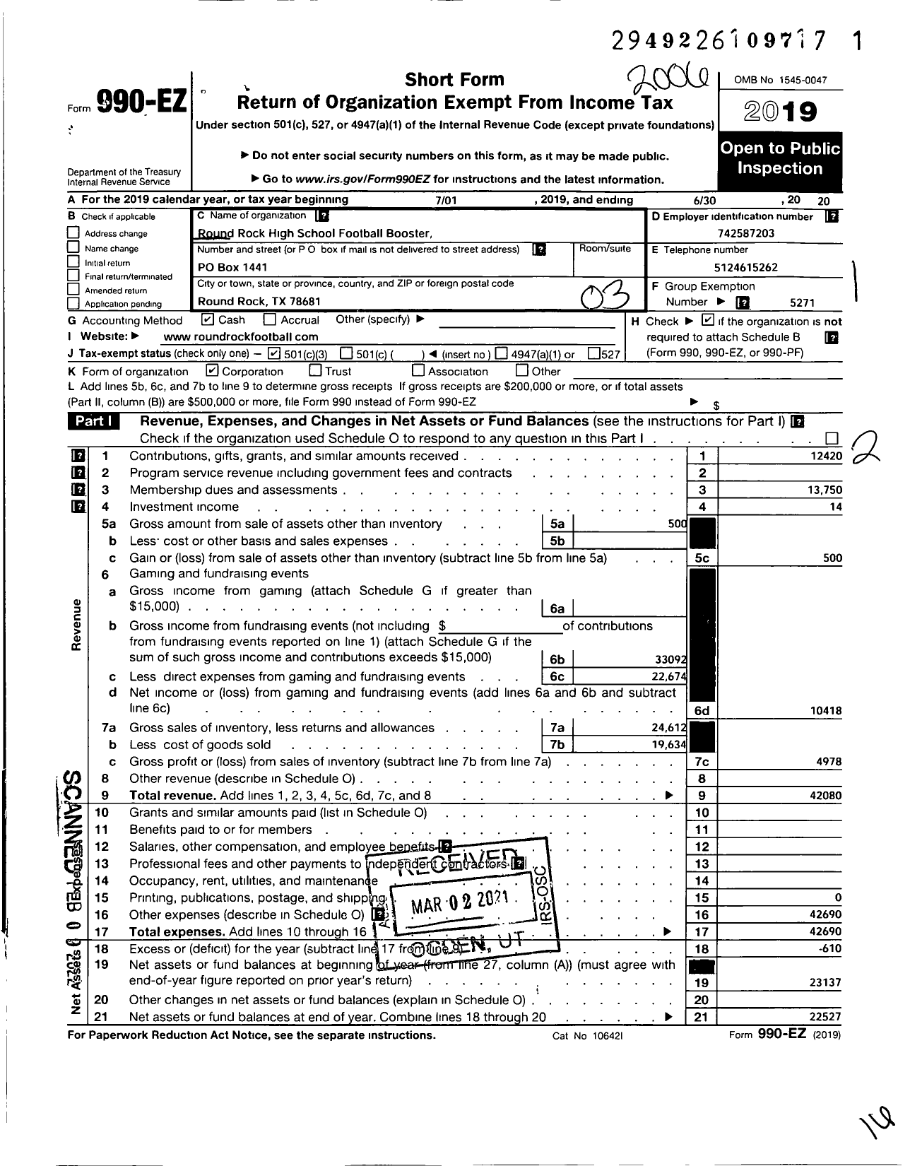 Image of first page of 2019 Form 990EZ for Round Rock High School Football Booster Club