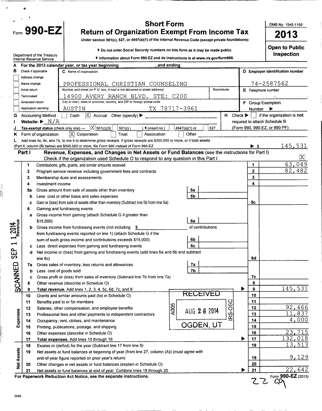 Image of first page of 2013 Form 990EZ for Professional Christian Counseling S